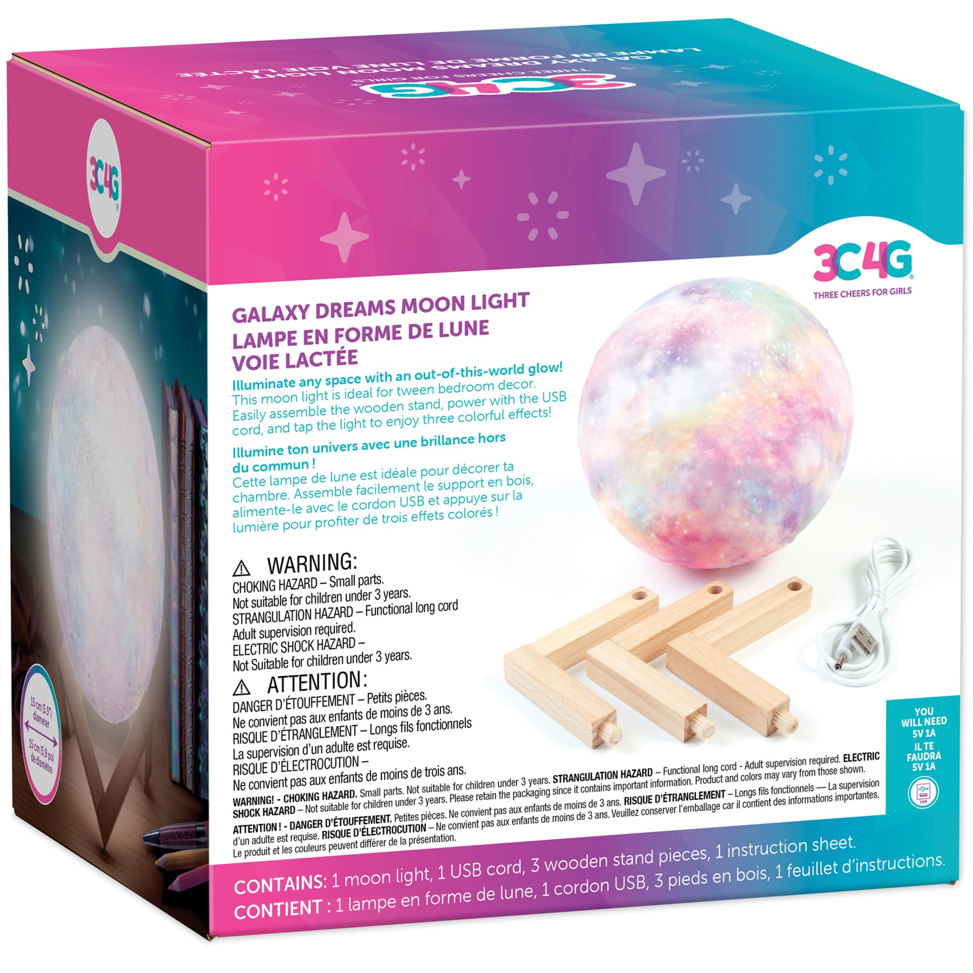 3C4G: Galaxy Dreams Moon Light - 6pcs, Touch to Change Effects, USB Powered, Make Any Room Glow, Three Cheers for Girls, Kids Ag