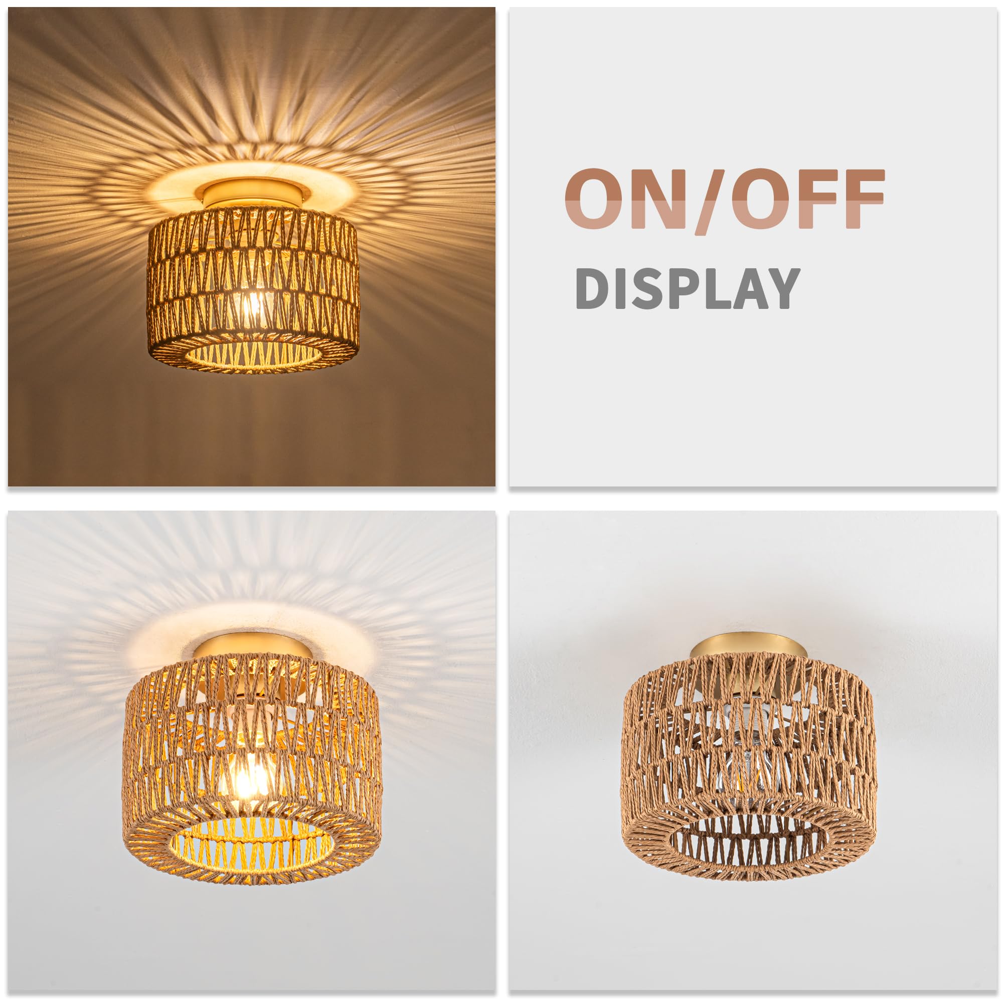 Rattan Ceiling Light, 1 Light Bohemian Modern Woven Flush Mount Ceiling Light, Boho Light Fixture For Bedroom Living Room Dining
