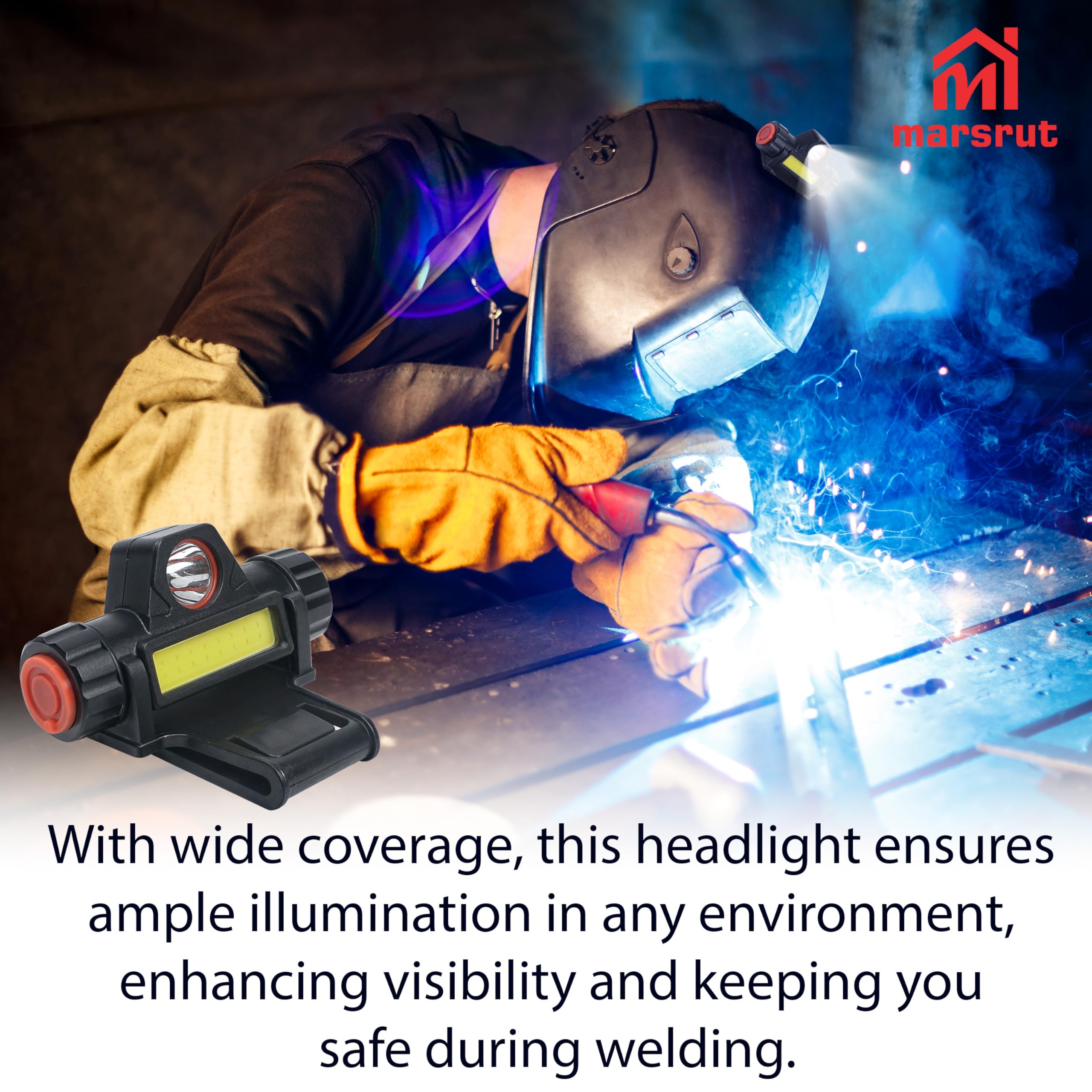 Marsrut Welding Helmet Light - Rechargeable LED Headlight with Mount Holder, Black