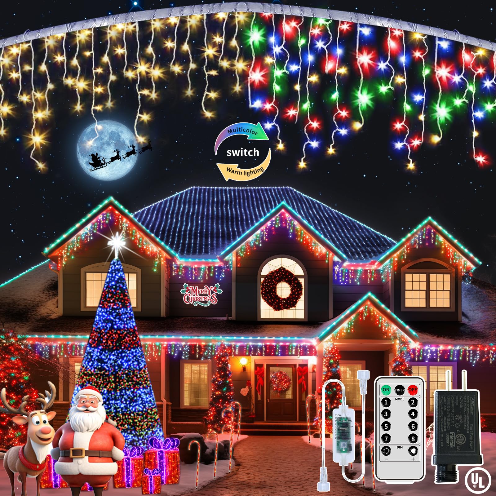 Icicle Christmas Lights Waterproof - Multi Color 65Ft 506 LED Icicle Lights for Outside Decorations with Remote, Plug-in Icicle 