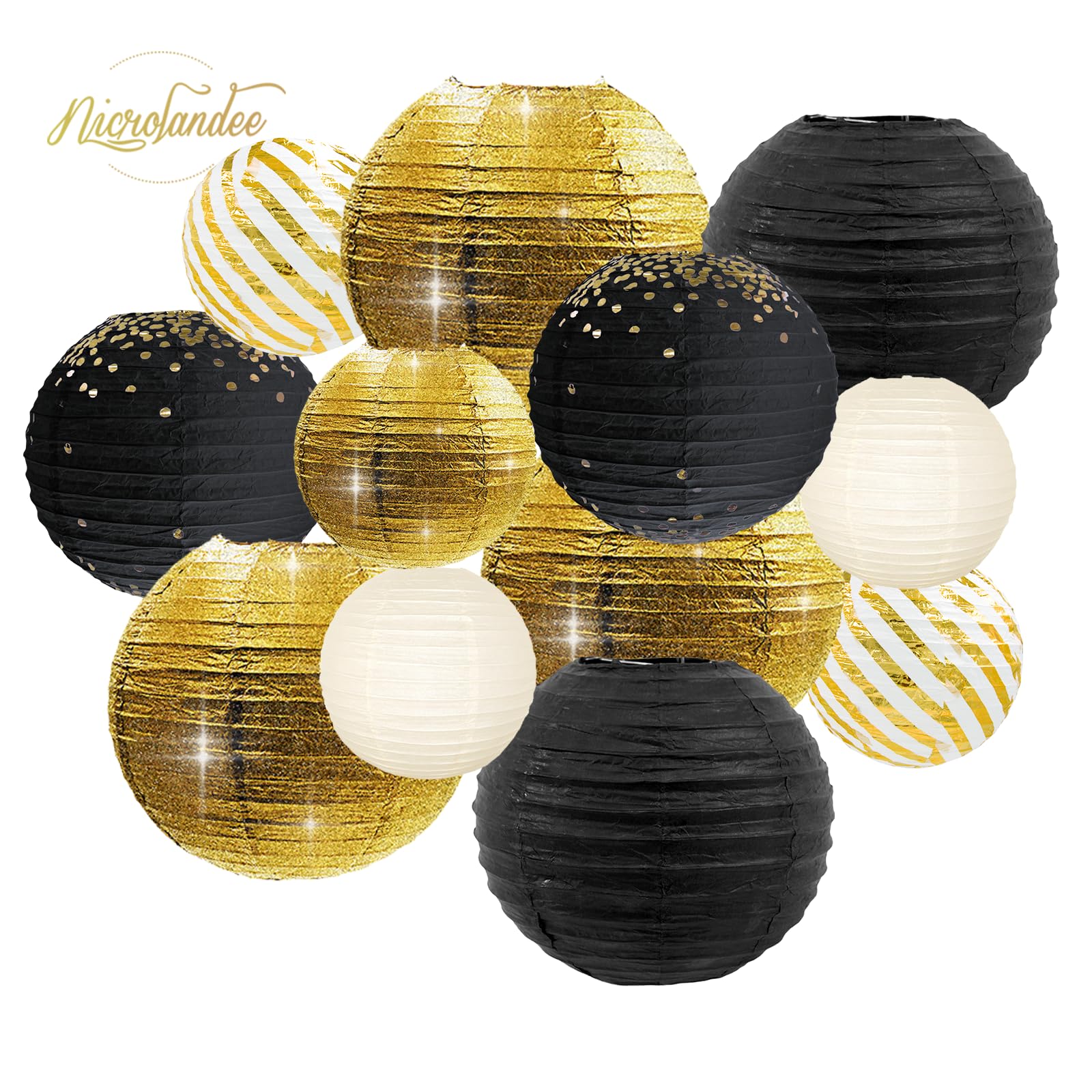 Nicrolandee 12Pcs Black Gold Foil Paper Lanterns For Weddings, Birthdays, And Parties