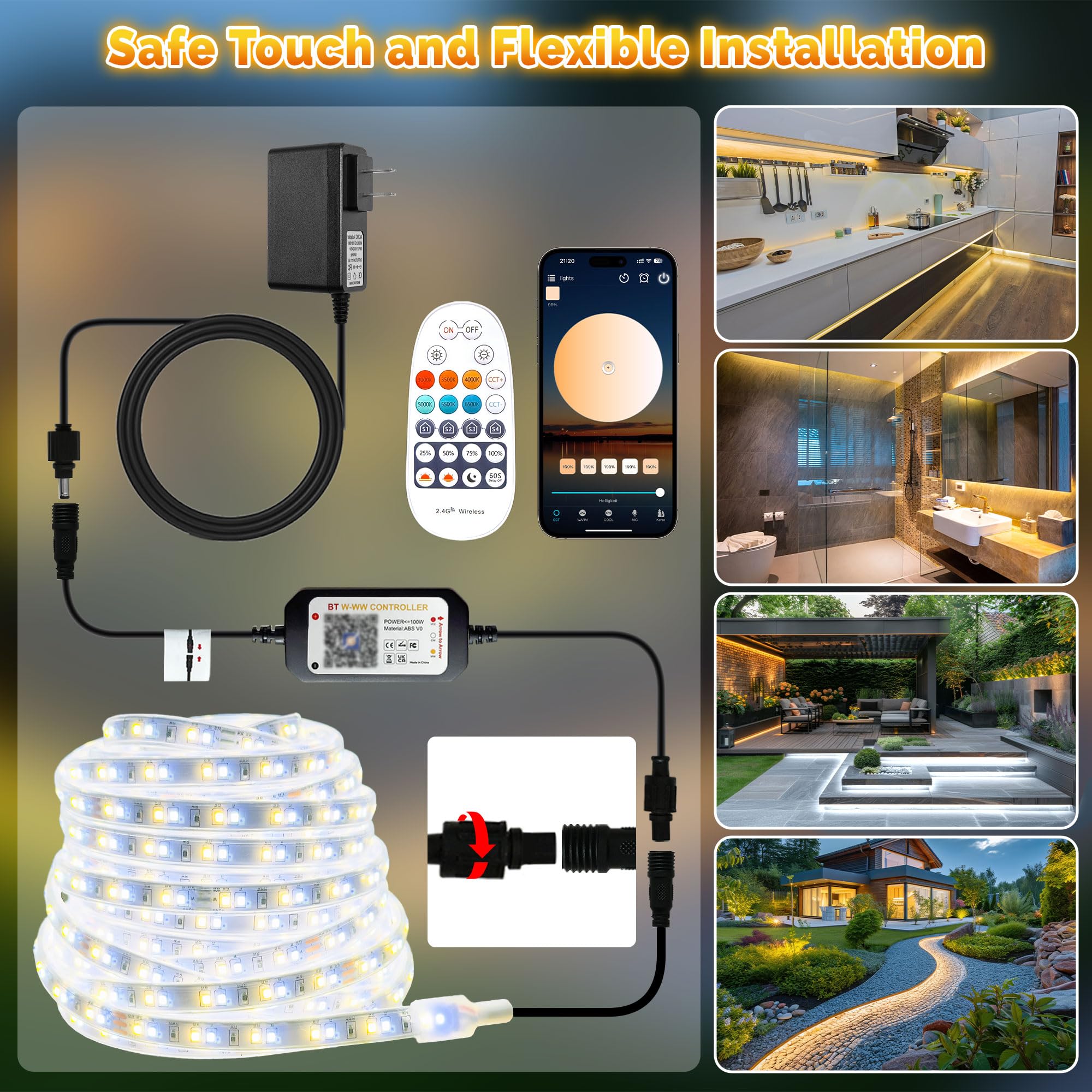 TENDIST 65.6FT Waterproof LED Strip Lights, Dimmable 3000K-6500K, Silicone-Coated, Remote & APP Control, Model SSDWW2100