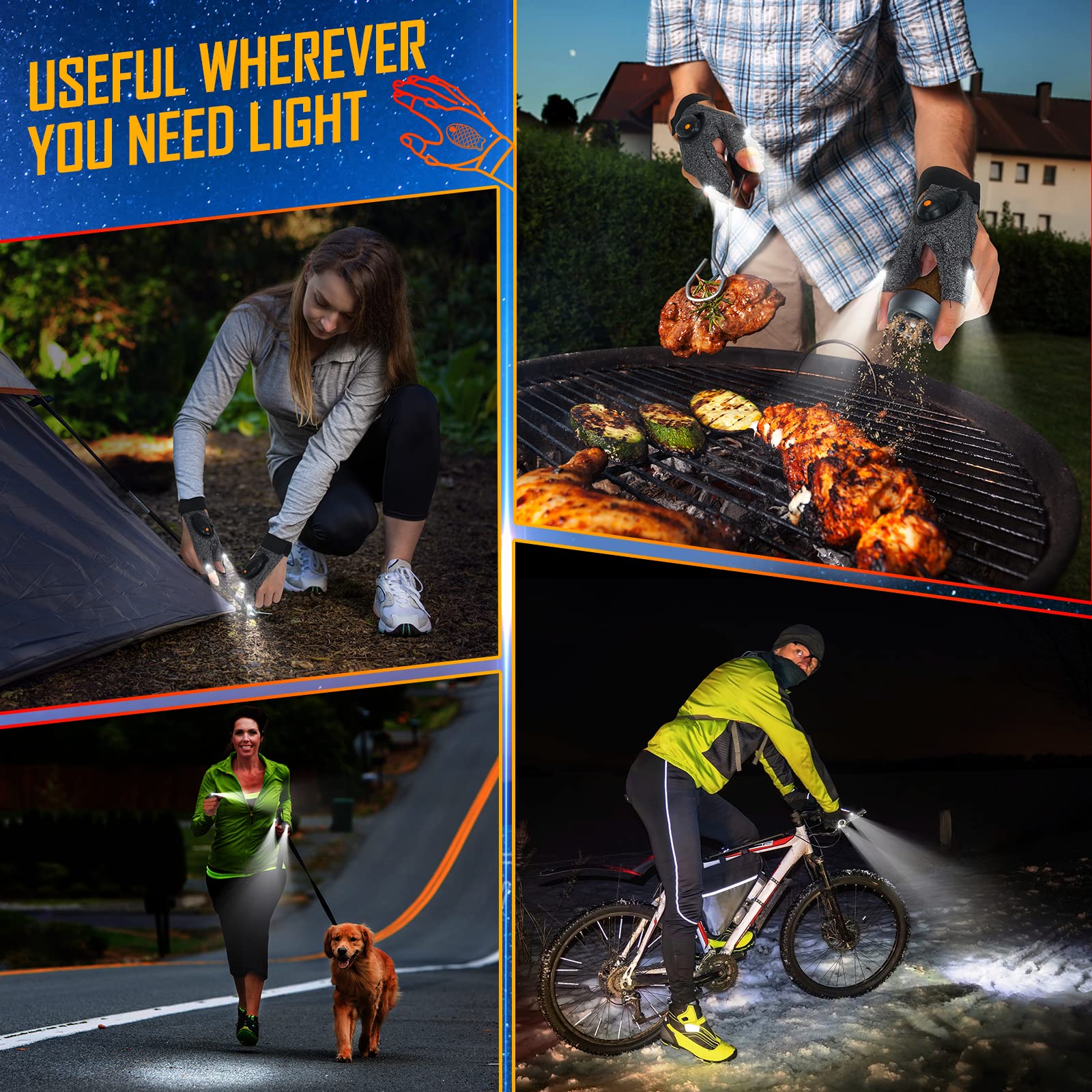 PARIGO Rechargeable LED Flashlight Waterproof Gloves - Christmas Stocking Stuffer Gifts for Men,Cool Gadgets Hands Free Light Gl