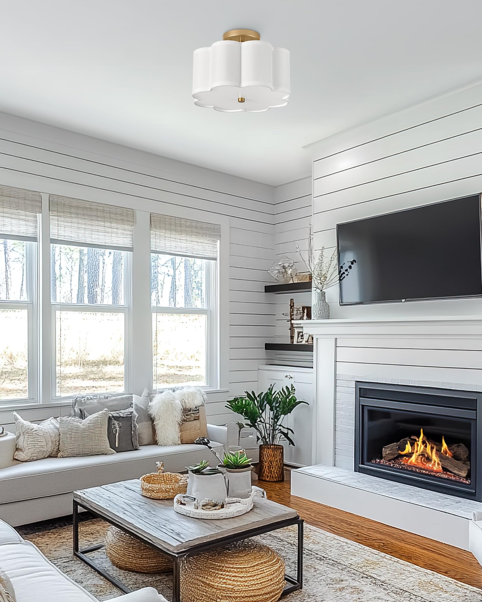 Audickic Rattan Light Fixtures Ceiling Mount, 4-Light 14'' Boho Semi Flush Mount Ceiling Light With White Hand-Woven Shade In Qu