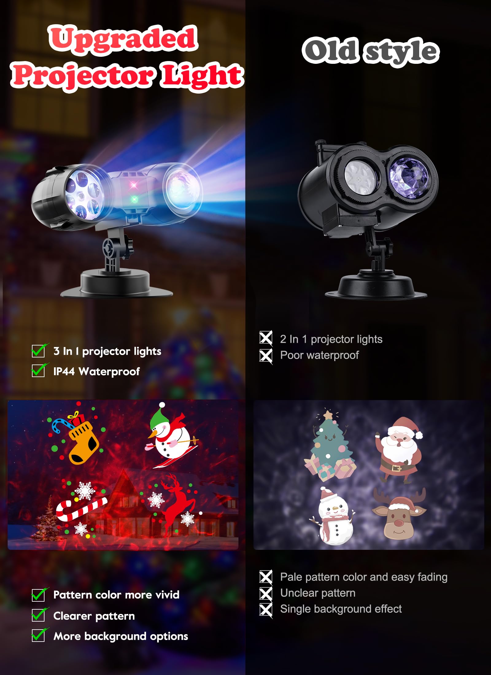 Minetom 3 in 1 Christmas Projector Lights Outdoor 21 HD Effects (3D Ocean Wave + Patterns+Red Green) Waterproof with Timer Hallo