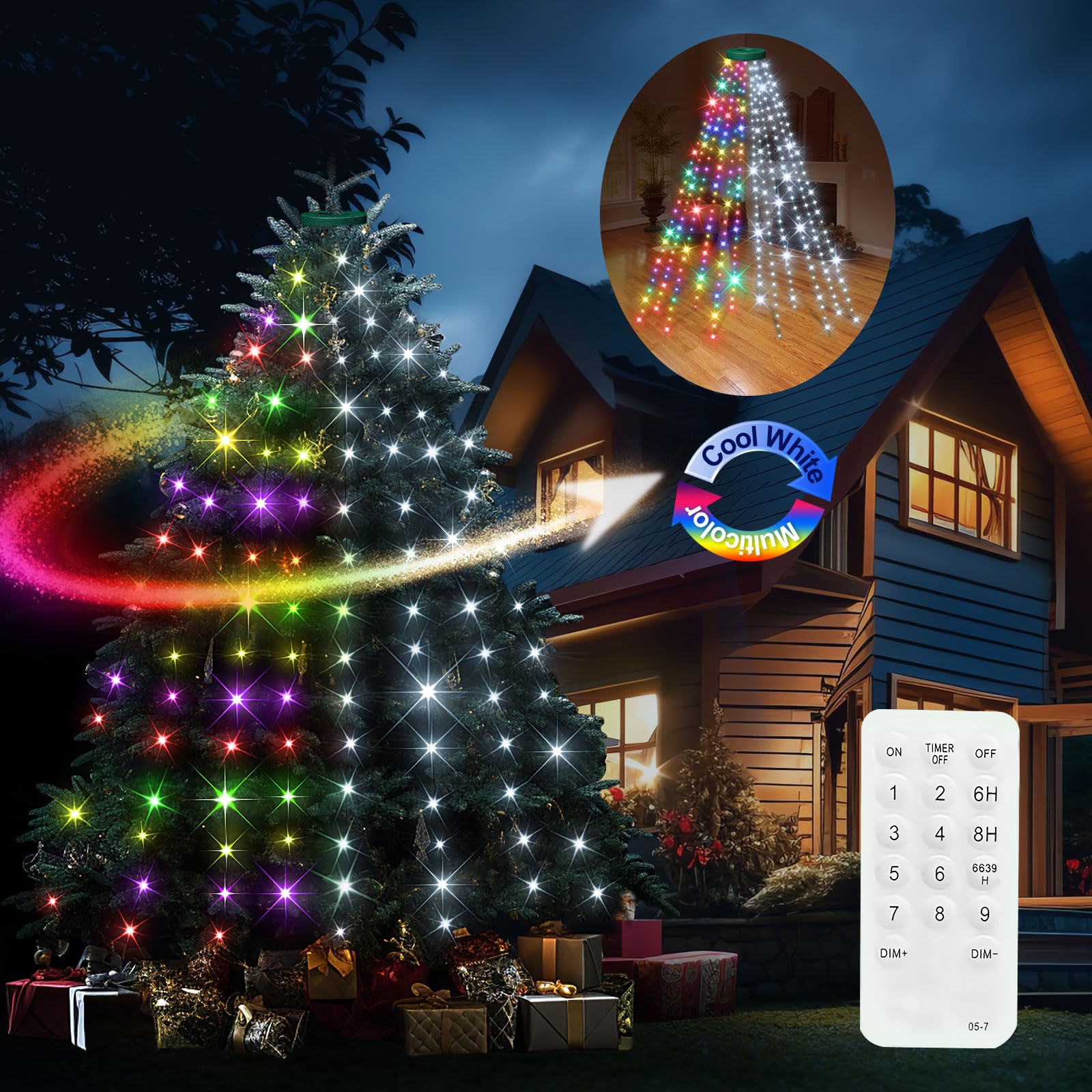 12 Modes Easy Christmas Tree Lights With Ring Indoor Outdoor - 8.2Ft X 12 Lines String 348 Led Timer Dimmable Remote Waterproof Lights For 7.5 8 9 10 Ft Xmas Tree Decor (Cool White Or Multicolor)