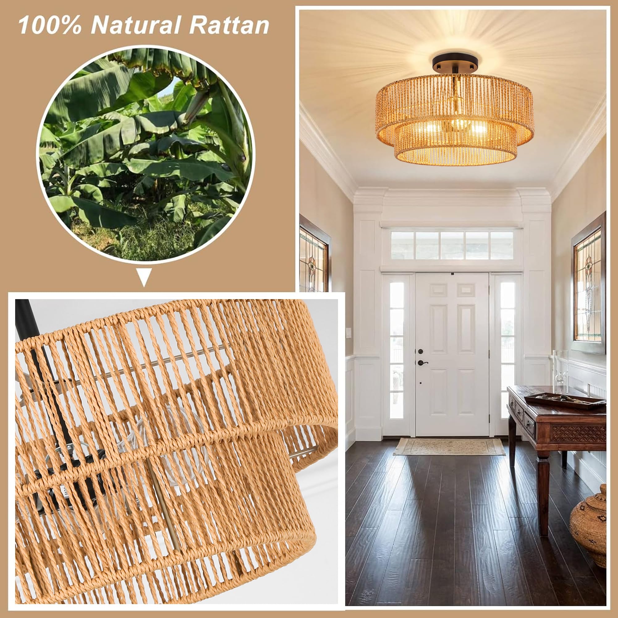 Zecoxol Rattan Ceiling Light Fixture Boho Flush Mount Ceiling Light Wicker Boho Light Fixtures Ceiling Mount For Hallway Bedroom