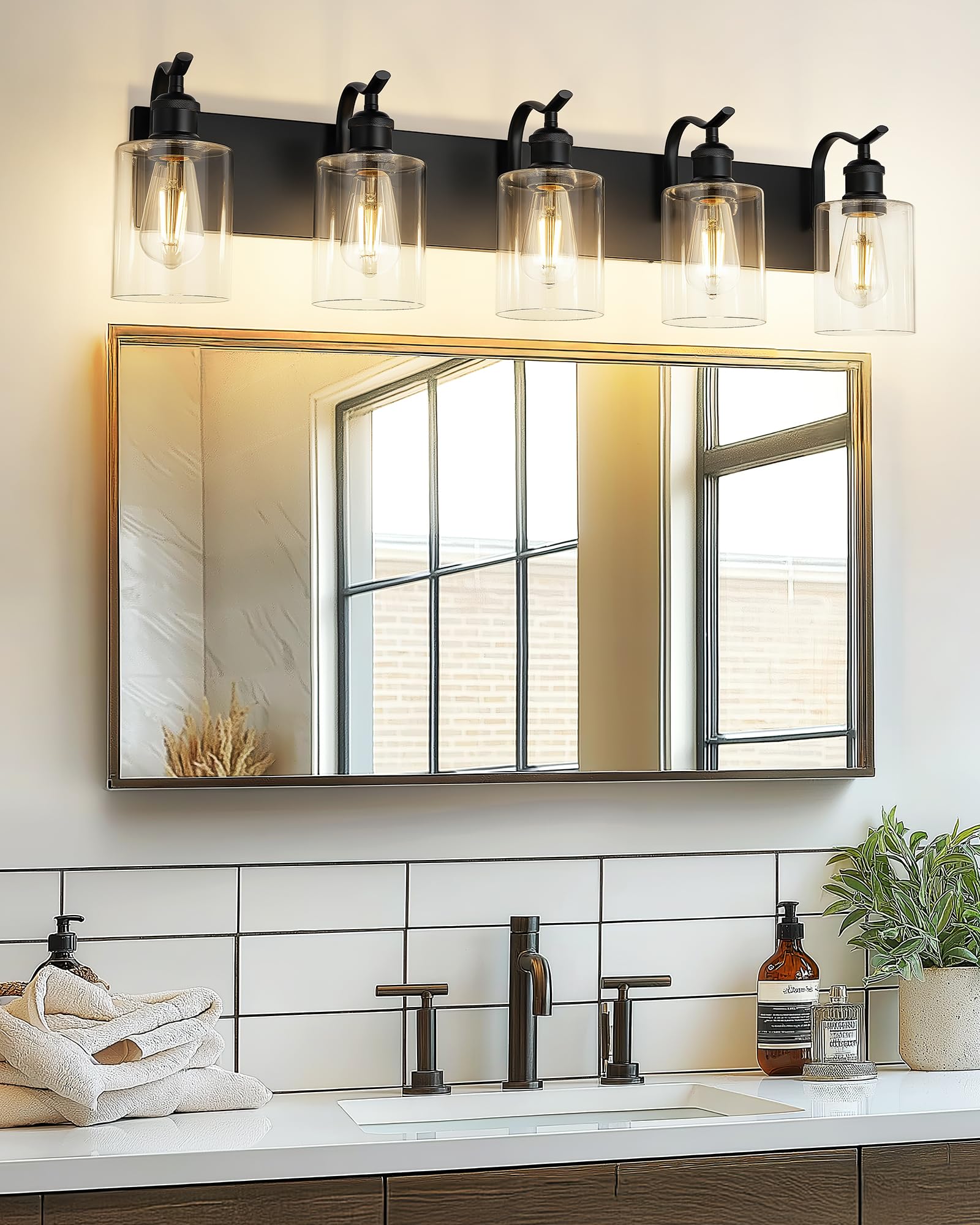 JAZAVA 5-Light Bathroom Vanity Light, Modern Black Wall Sconces with Clear Glass Shade, Model ZCVL01BK-5
