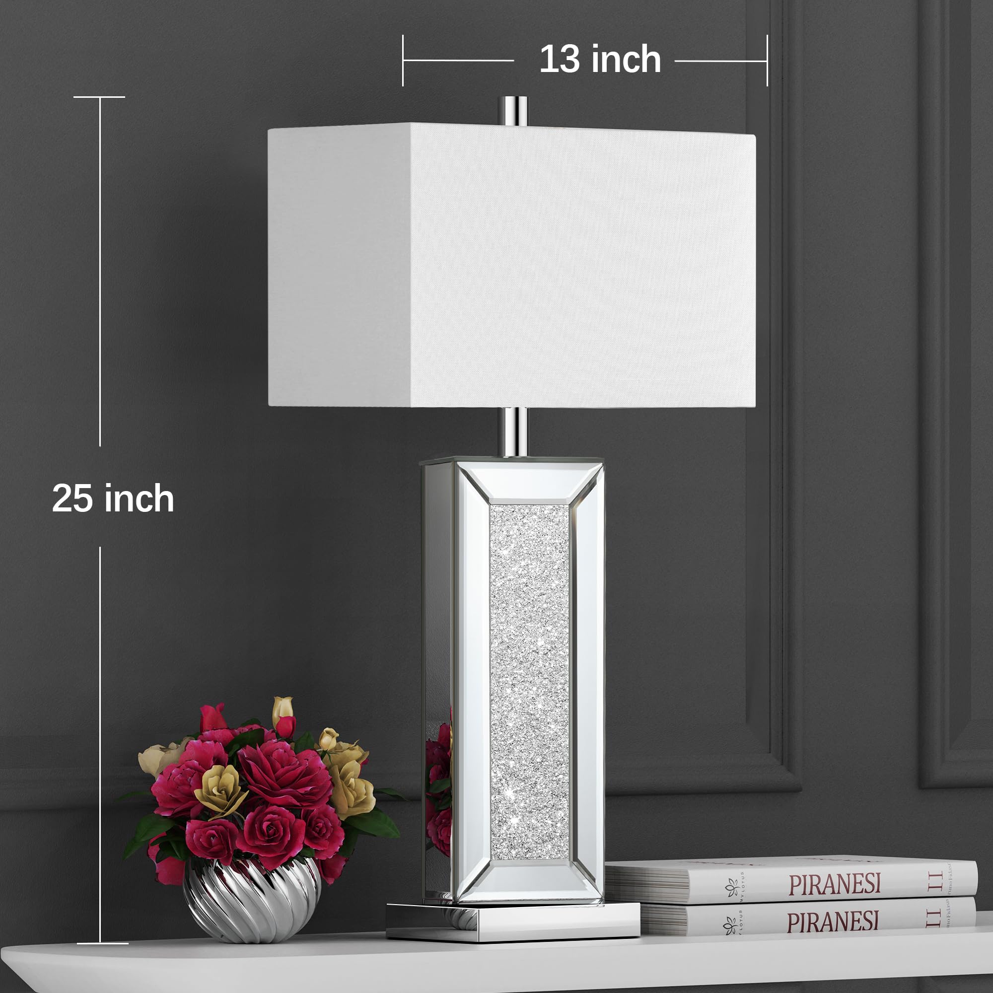 PARTPHONER Modern Table Lamp Set of 2, Silver Crystal Touch Control, 3-Way Dimmable, USB Ports, White Fabric Shade, Model STR-DL-0191
