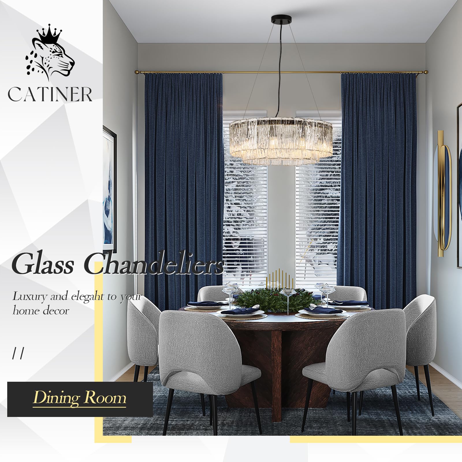 CATINER 24” Black Crystal Glass Chandelier, 10-Light Drum Pendant Ceiling Fixture for Dining Room, Foyer, Living Room, Bedroom