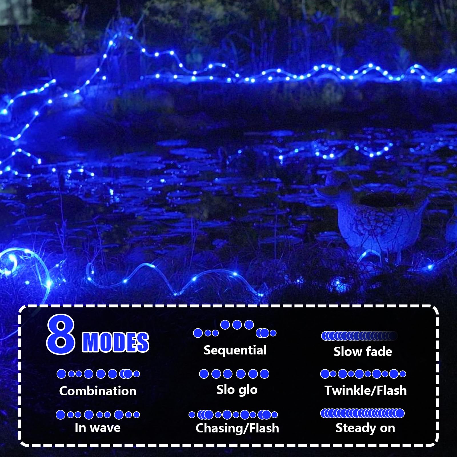 YEGUO Solar Rope Lights 66ft 200 LED Waterproof Blue Fairy Lights for Outdoor Patio Garden Trampoline