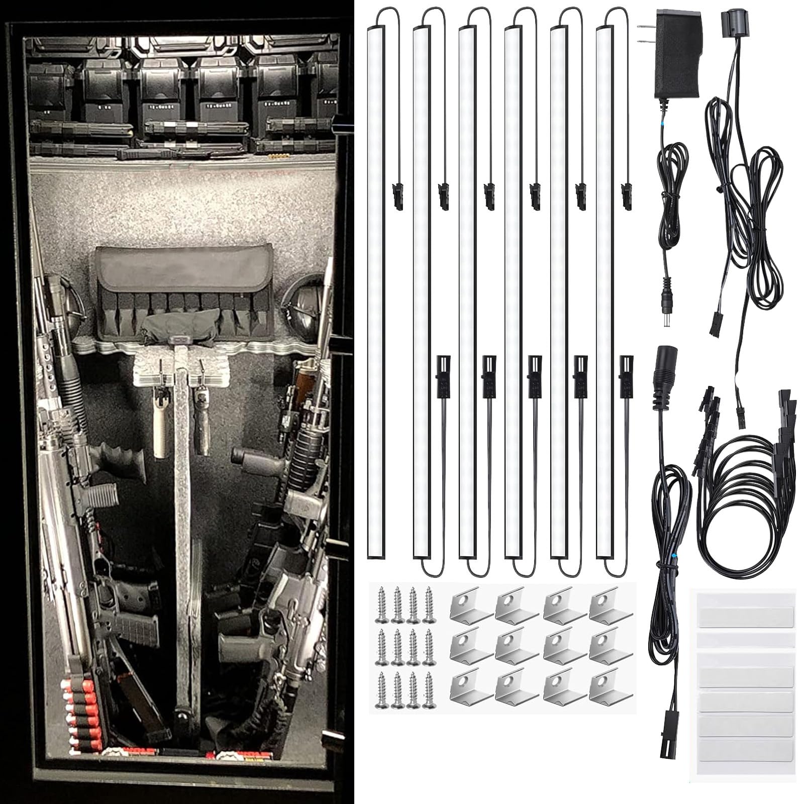 Door Activated Safe Light Kit, 6 Pack 12 Inch 5000K Black Led Safe Lighting Kit with Power Adapter, Self-Adhesive - Ideal for Sa