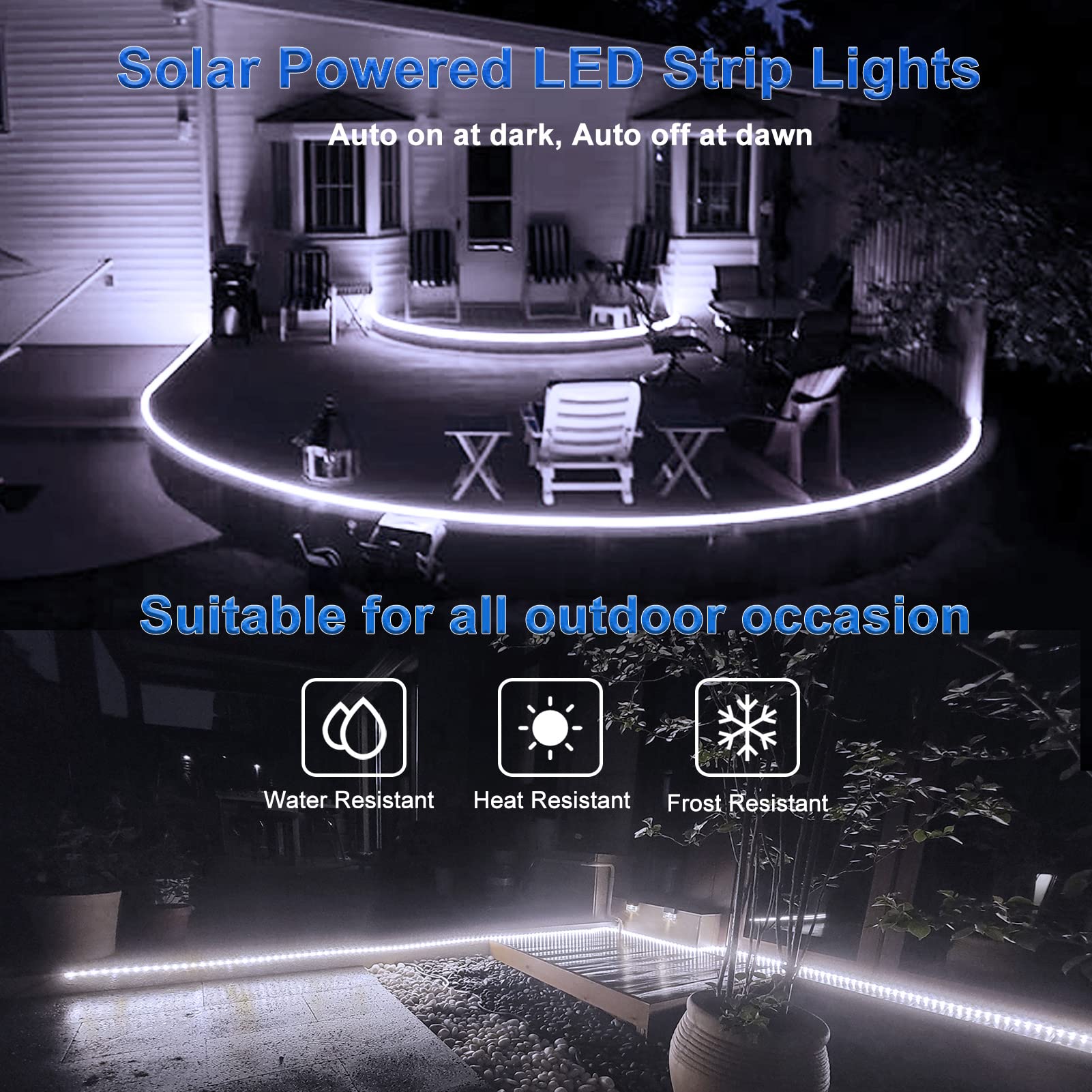 Echosari Solar Powered Strip Lights Outdoor Waterproof, 16.4Ft 320 Led Strip Lights With Remote Timer 8 Modes Full Covered Strip Rope Lights For Stair Patio Walkway Decor (Cool White)