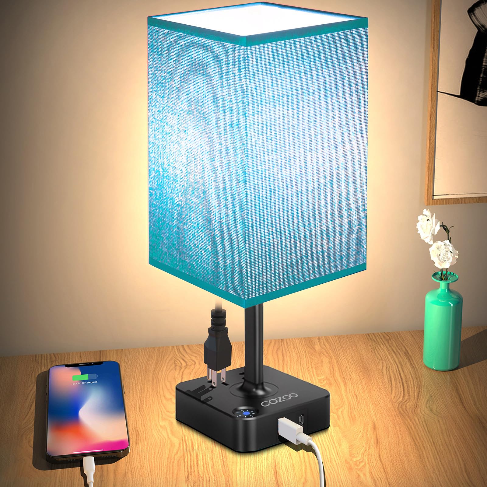 cozoo USB Bedside Dimmable Table Desk Lamp with 2 USB Charging Ports 2 Outlets Power Strip,Black Charger Base Green Fabric Shade