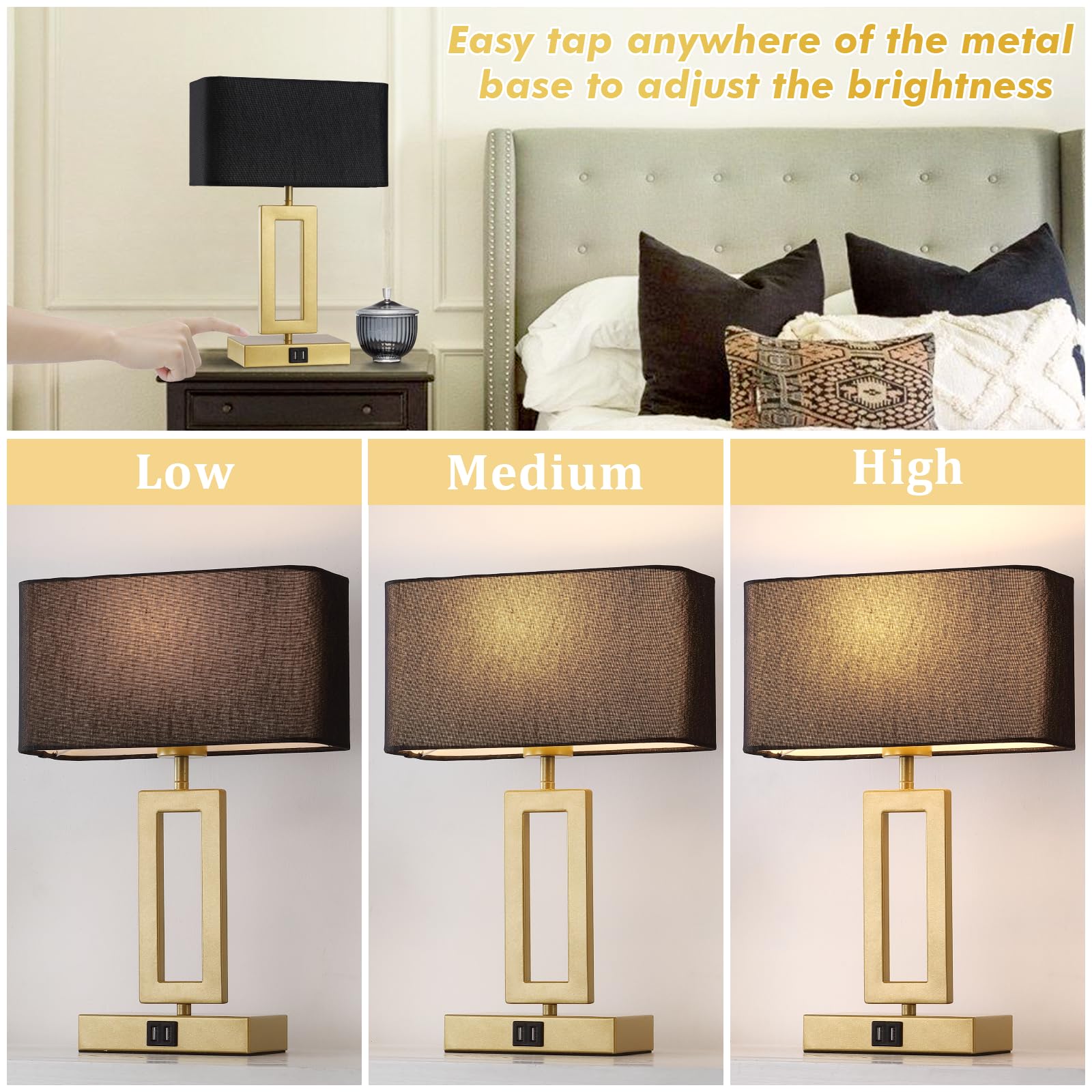 gernehop Black Table Lamps Set of 2, 3-Way Dimmable Touch Control, 16" Medium, USB Ports, LED Bulbs Included, Model T1002-GD-B