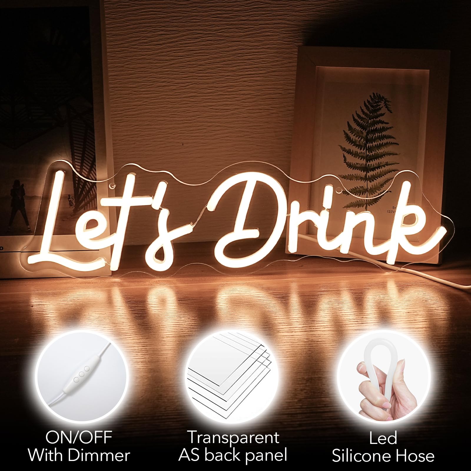 Noasktt Neon Sign - Lets Drink Wall Decor, Warm White LED, USB Powered, 16.5x4.7in, Acrylic