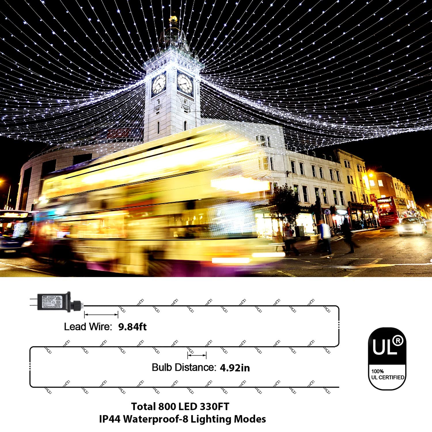 Zhouduidui Outdoor Christmas String Lights, 800Led 330Ft White Fairy Lights, 8 Mode Plug In Waterproof Indoor Outdoor Decor Ligh