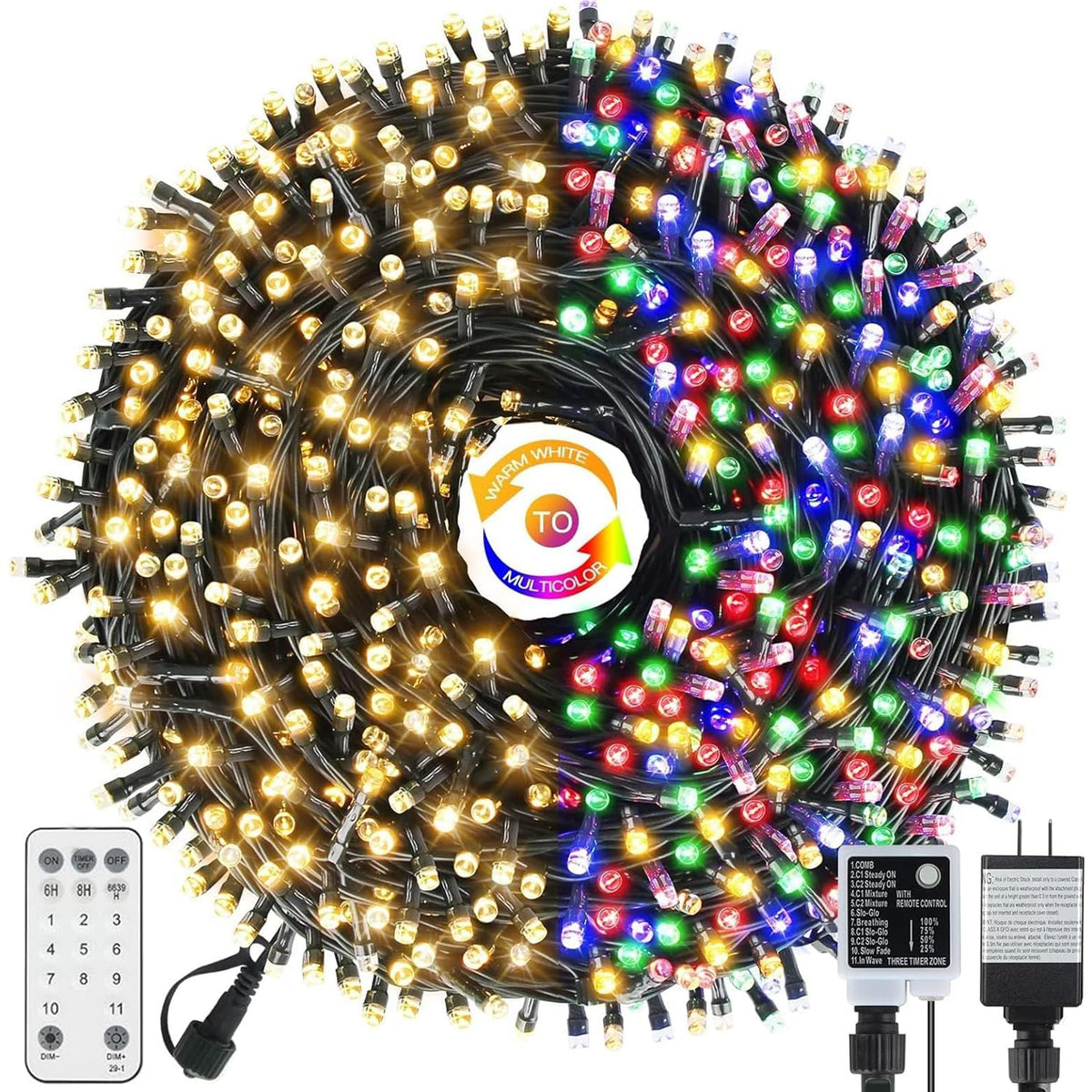 Tcamp Color Changing Christmas Tree Lights Outdoor Indoor, 800 Led 262Ft Warm White Multicolor Christmas String Lights 11 Modes