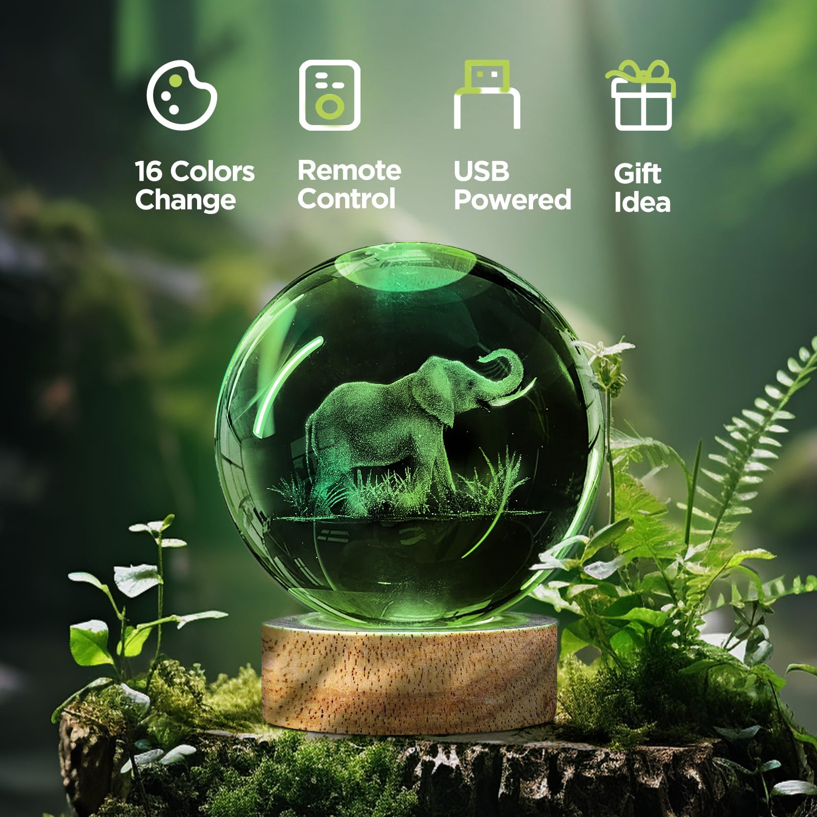 Dcoriuntg 3D Elephant Crystal Ball Night Light Elephant Gifts For Women 3.15 In Figurine Glass Ball Lamp With 16 Color  Home Room Decor Birthday Christmas Gifts For Boy Girl (Upgraded)