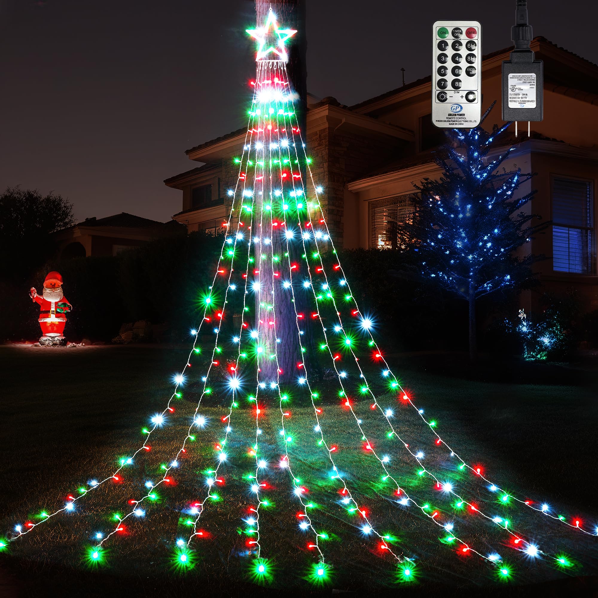 WBao Outdoor Christmas Decorations with 12 Star Topper, 344 LED 11.9ft Waterfall Christmas Lights, Remote Control 8 Modes, 3 Tim