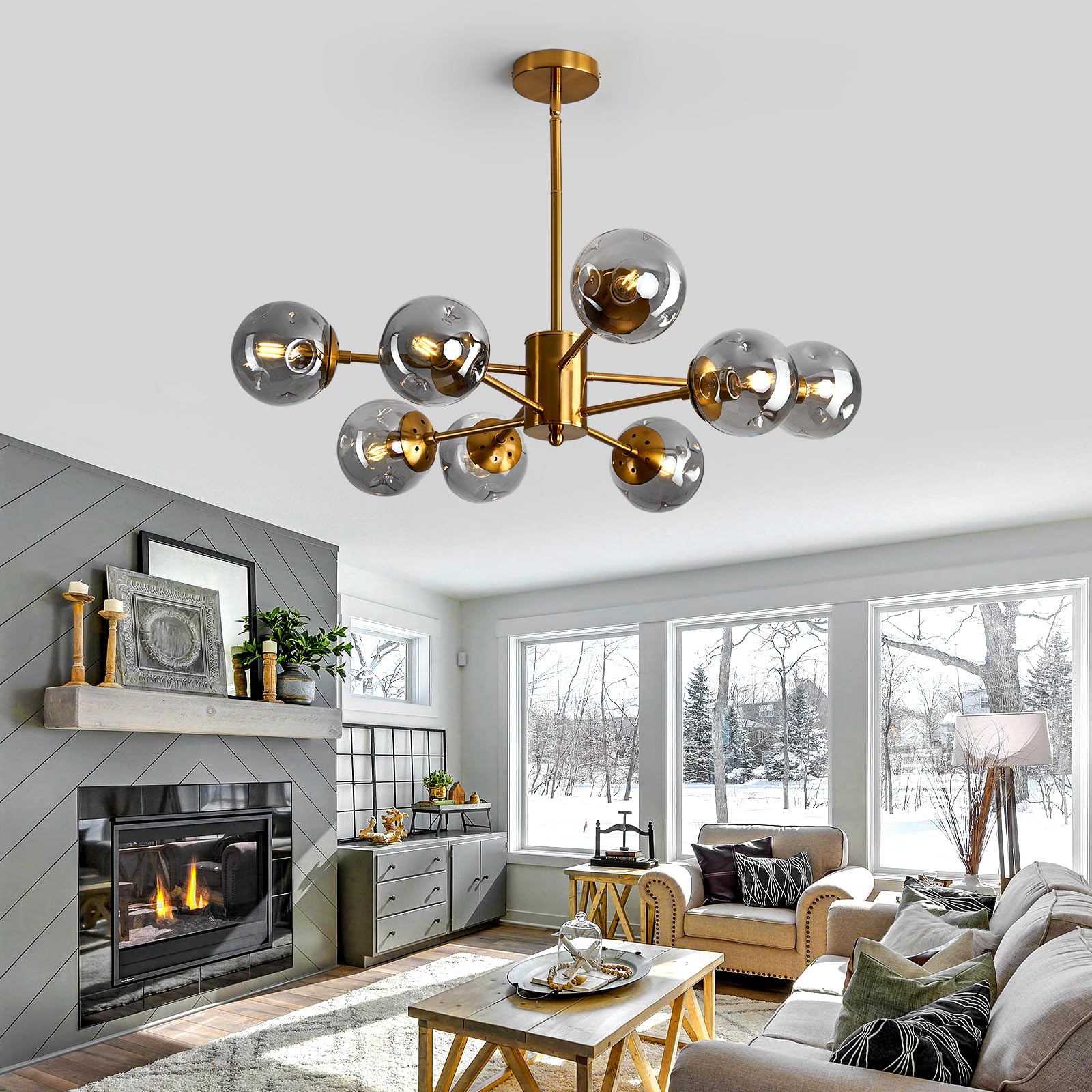Szxykeji 8 Light Chandelier Mid Century Glass Globe Sputnik Pendant Light Fixture Gold Ceiling Light For Living Room Kitchen Din
