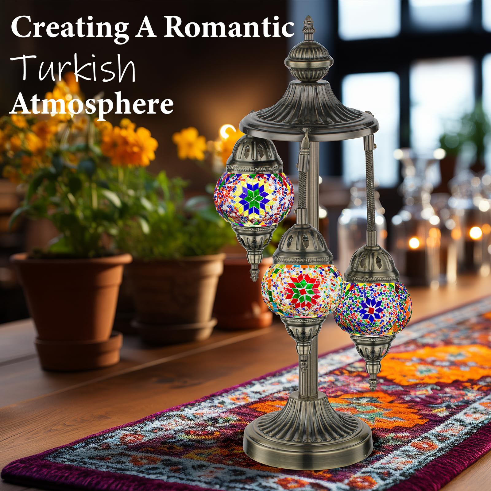 Marrakech Turkish Lamp 3 Globes Moroccan Table Lamp With Bronze Base, 23'' Tall Handmade Colorful Tiffany Mosaic Glass Night Lig