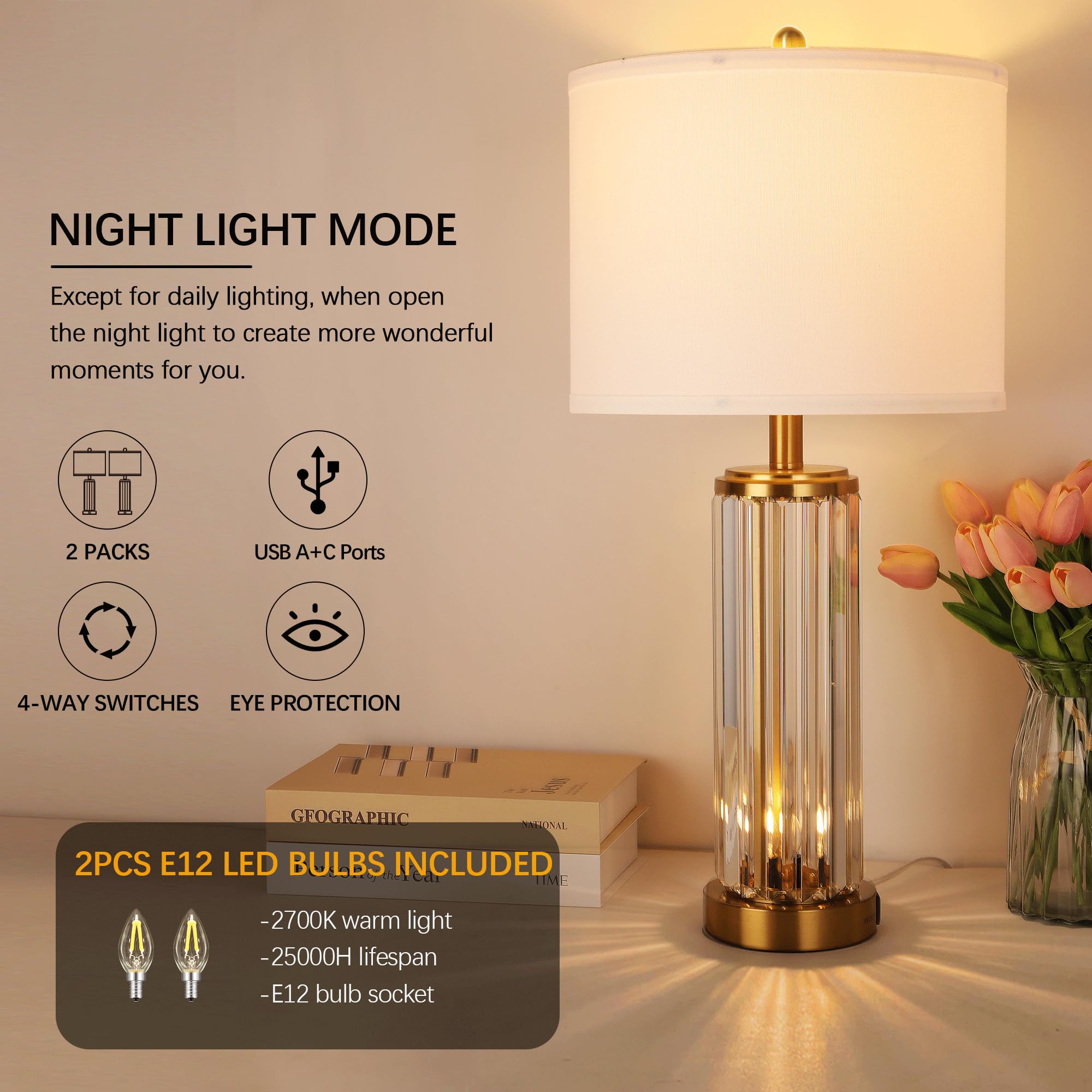 QiMH Gold Table Lamps Set of 2 with USB Charging Ports, Modern Nightstand Light, Brushed Gold, LED Bulbs Included