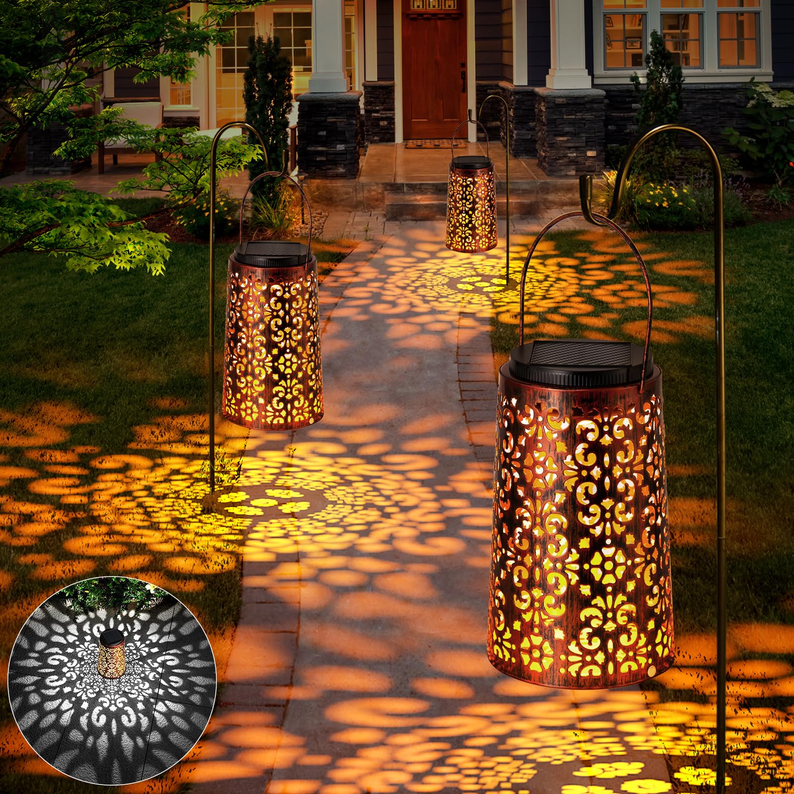 JSOT Solar Lanterns Outdoor Waterproof Retro Metal 6 Pack - Decorative Hanging Lights for Patio Garden Yard Table Tree