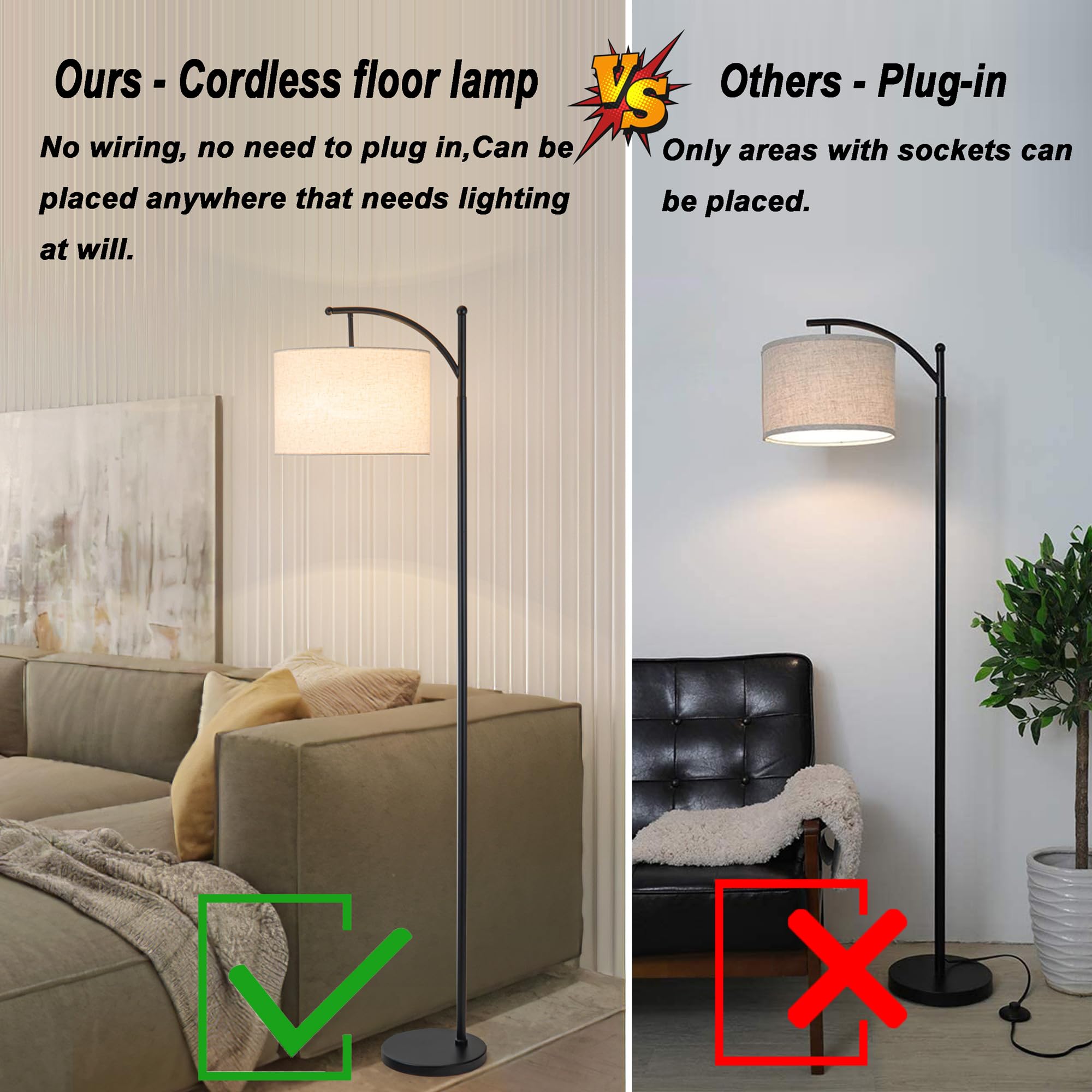 Battery Operated Cordless Floor Lamp With Remote Control For Bedroom, Dimmable Floor Lamp Modern Tall Standing Floor Lamp With L