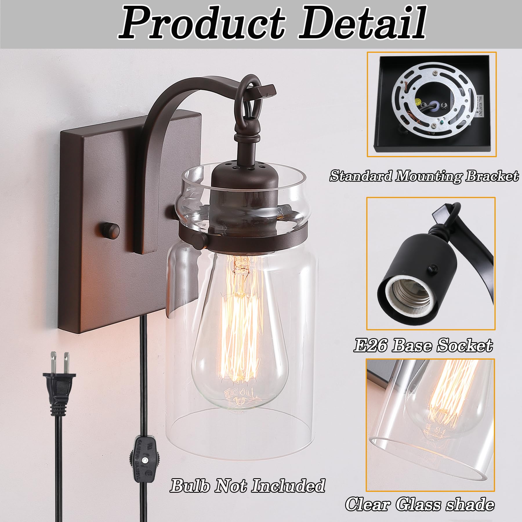 Winsmart Plug In Wall Sconces Set Of 2  Oil Rubbed Bronze Sconces Wall Lighting Fixtures With Clear Glass Indoor Farmhouse Wall Lamp For Bedroom Living Room