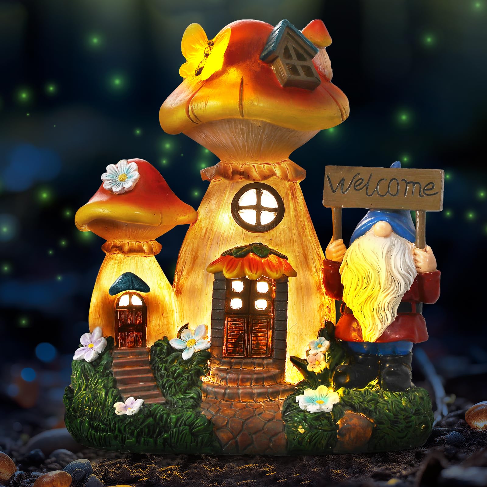 Json Solar Garden Statue Lights Mushroom Fairy House Figurine  Outdoor Memorial Garden Ornaments Waterproof Decoration For Outside Patio Yard Lawn Decor