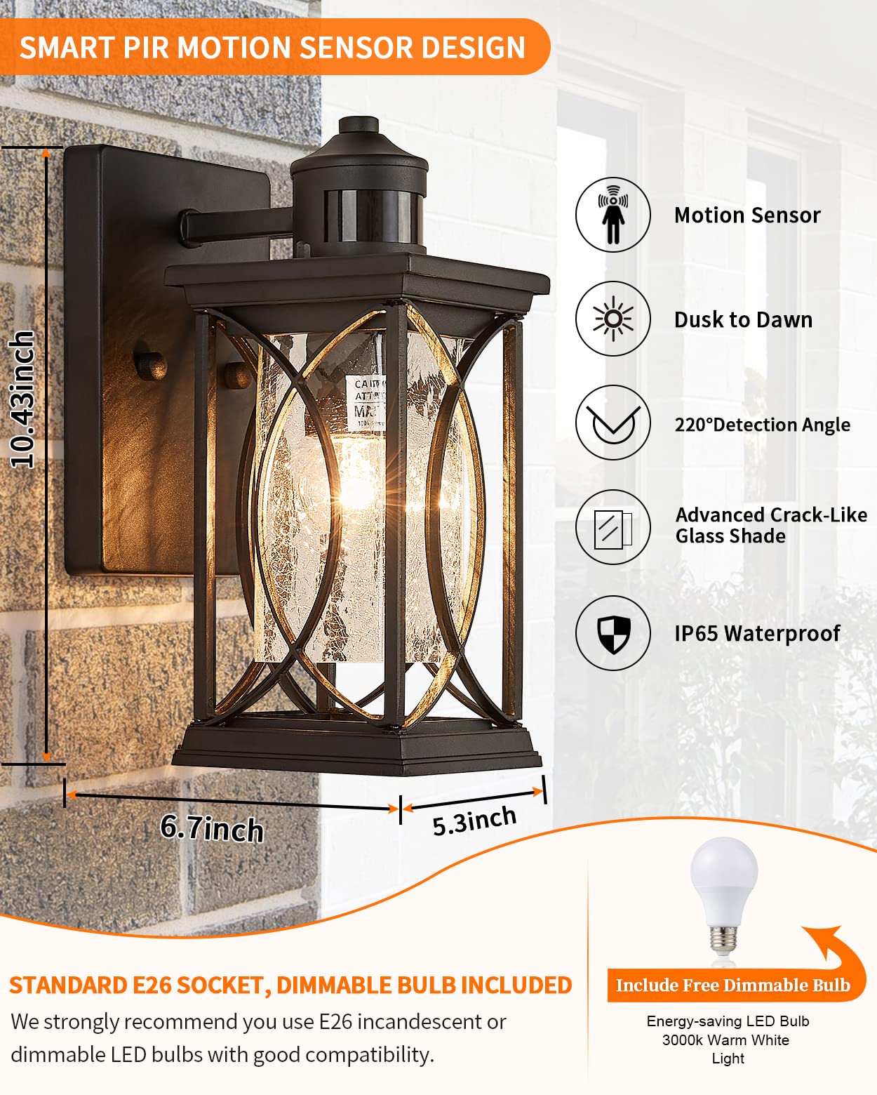 Delicavy Motion Sensor Outdoor Wall Light, Dimmable, Black,  -Like Glass, Small, Wall Mount, Dusk to Dawn Fixture