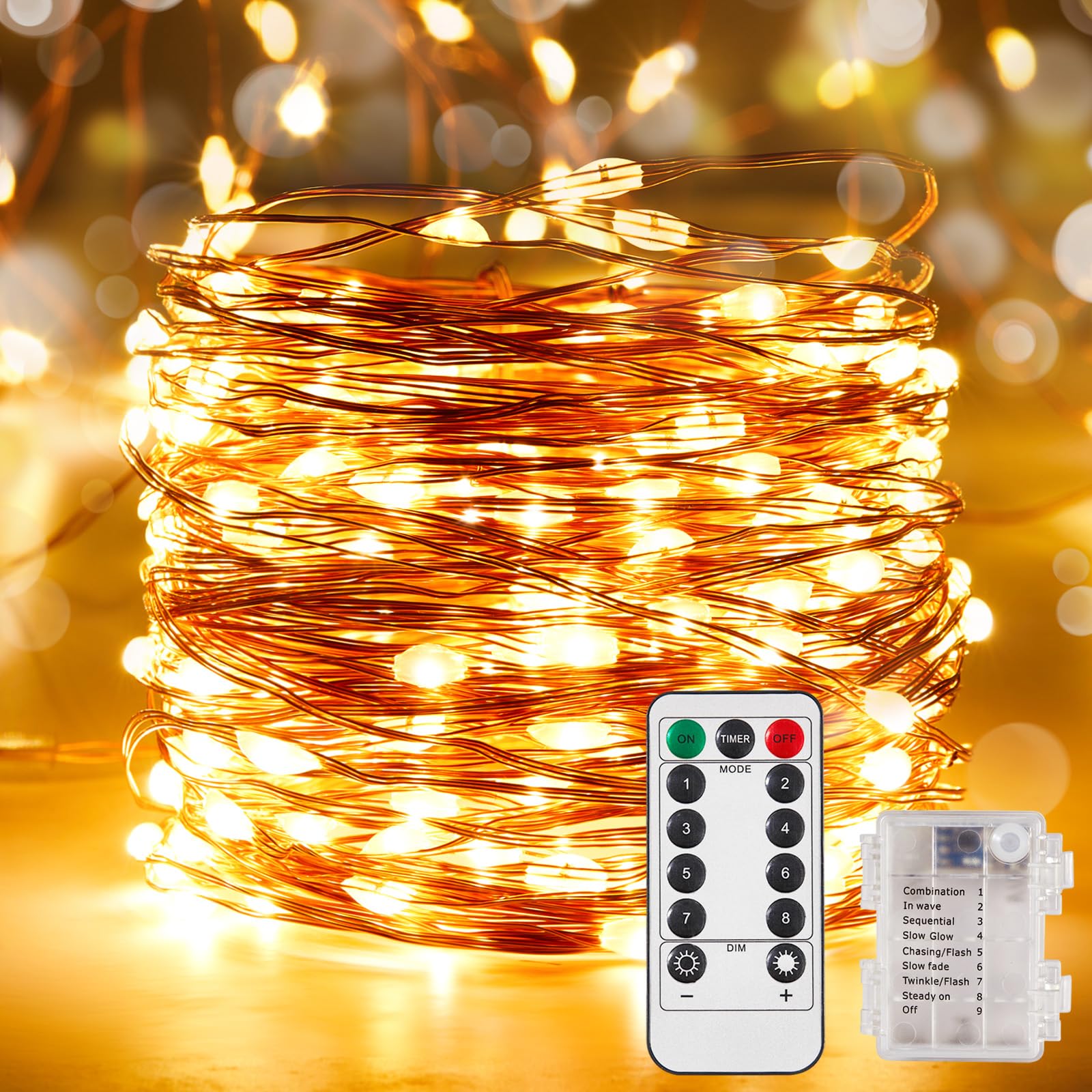 Ariceleo 4 Pack 65.6 Ft. Battery Operated Outdoor String Lights With Remote & Timer, Led Warm White Fairy Lights, Waterproof Twinkle Lights For Bedroom, Dorm, Mason Jar, Wedding, Party, Christmas