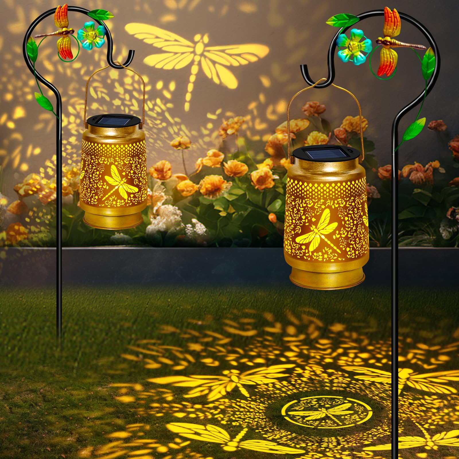 2 Pack Solar Lanterns Outdoor Waterproof,Dragonfly Solar Lights Garden Decor Gifts for Mom Women Grandma Decoration Outside for 