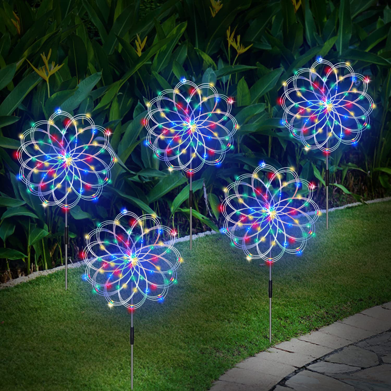 Solar Firework Lights, Garden Lights 5 Pack 120 Led Remote Control Solar Decorative Lights, Waterproof Stake Landscape Lights With 8 Flashing Modes, For Garden Pathway Courtyards Decor(Colorful)