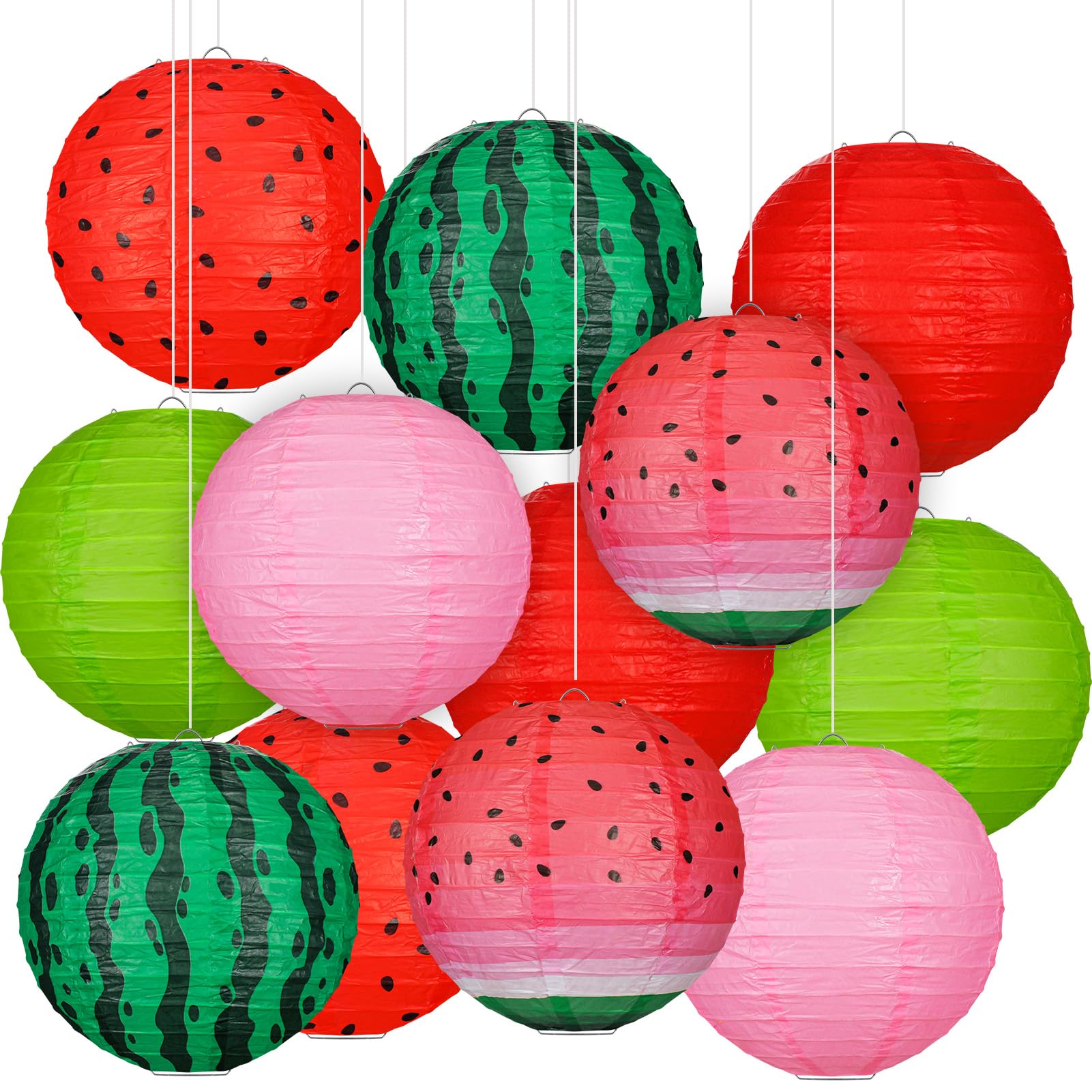 Panelee 12 Pcs Watermelon Paper Lanterns Party Decorations 8 Inch Hanging Round Paper Lanterns for Holiday Indoor Outdoor Party 