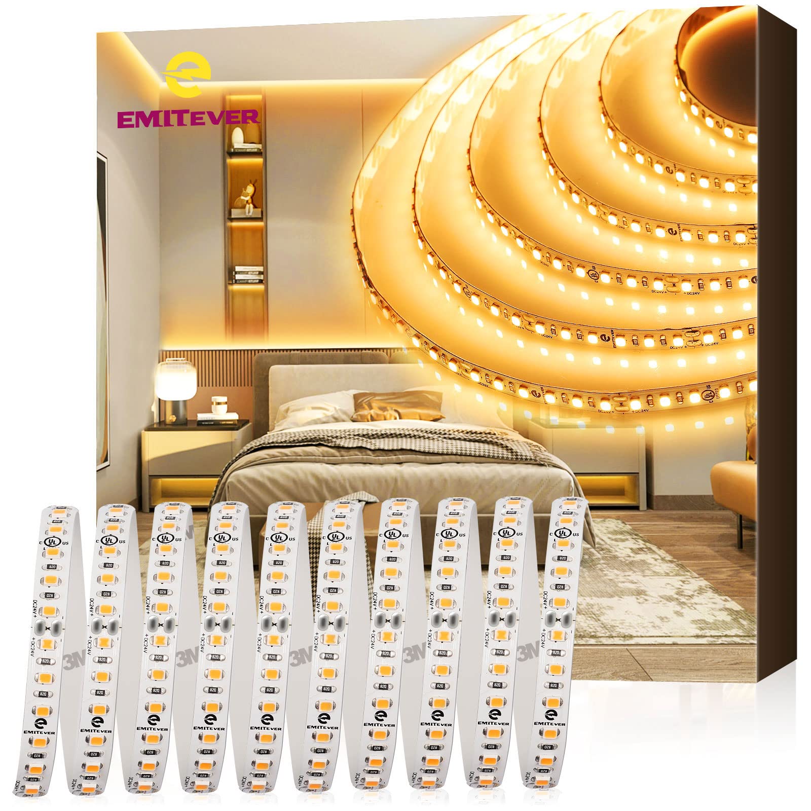 EMITEVER LED Strip Lights 2700K, UL 24V LED Tape Light Warm White, Ra 95+, IP30, 25ft, 2.9W/ft, 240+Lumens/ft, 900LEDS/Spool, UL Listed 5 Year Warranty (Power Supply Sold Separately)