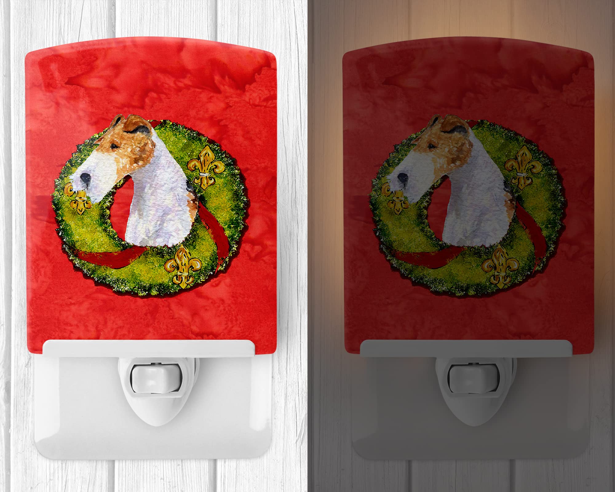 Caroline'S Treasures Ss4168Cnl Fox Terrier Cristmas Wreath Ceramic Night Light Compact, Ul-Certified, Ideal For Bedroom, Bathroom, Nursery, Hallway, Kitchen, 6X4X3, Multicolor