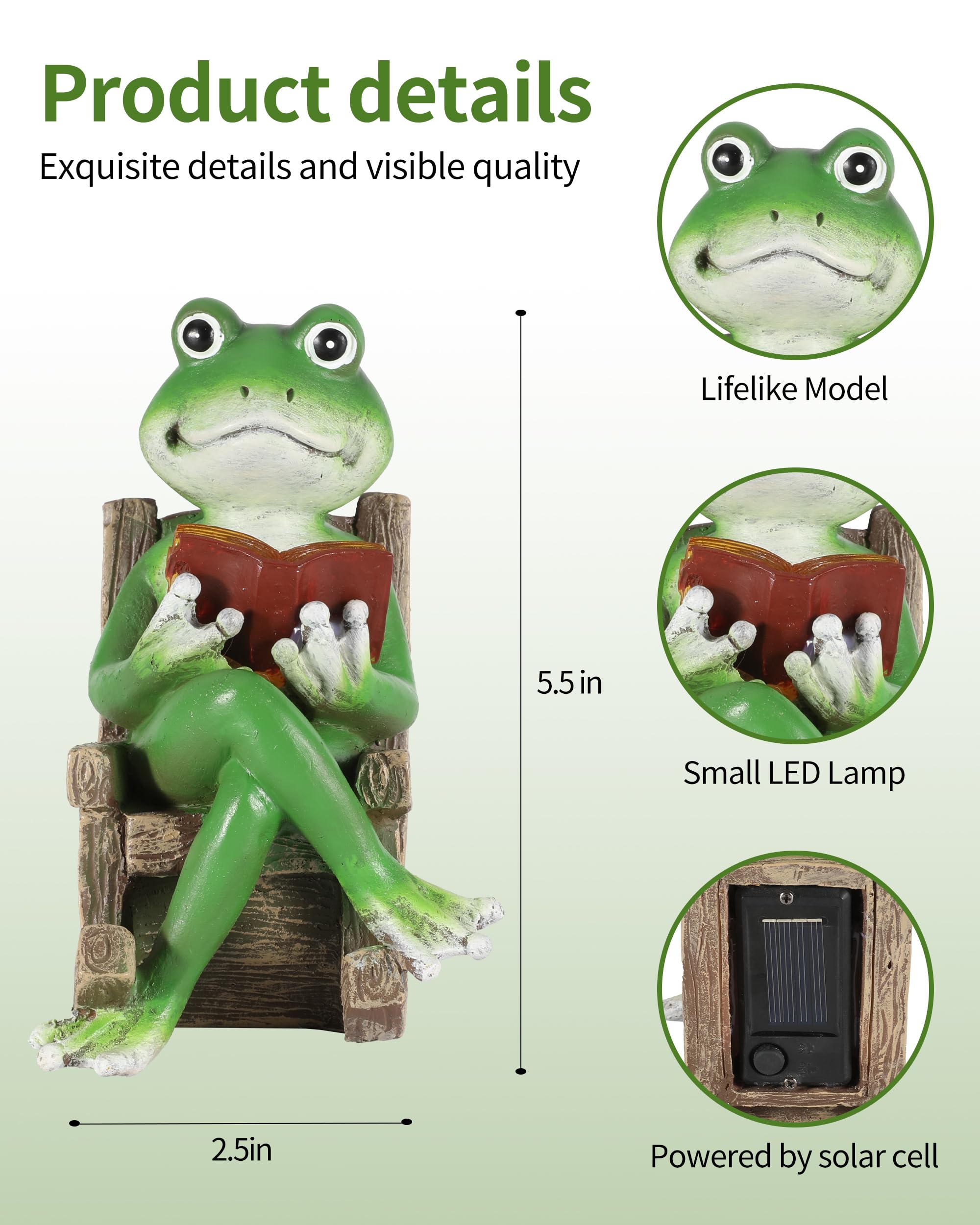 Istatue Miniature Solar Frog Reading Book Figurine Light - 5.5'' Resin Chair Statue Outdoor Table Decor For Lawn Ornaments, Patio, Yard & Garden And Home