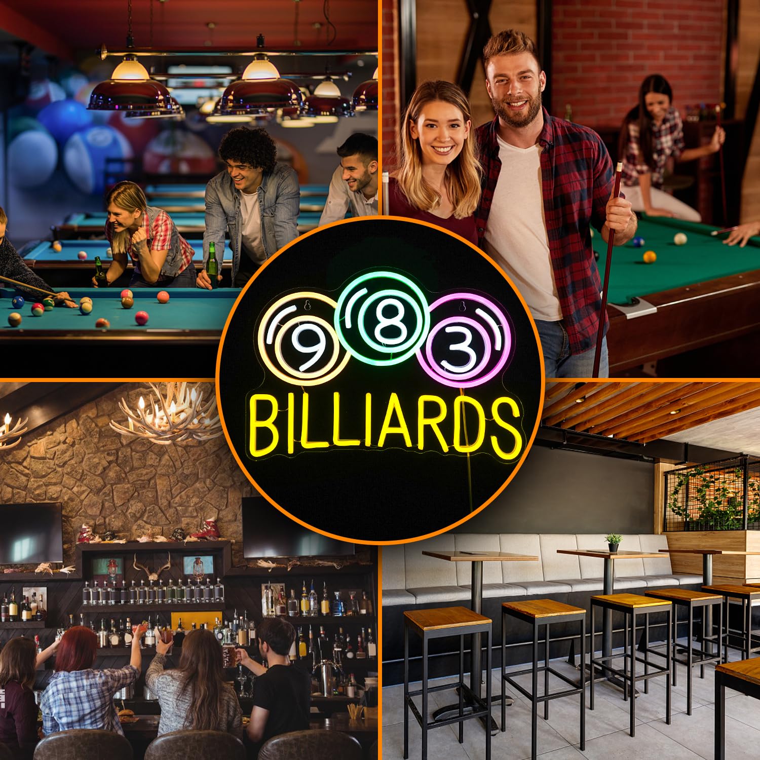 Billiards Neon Sign Led Colorful Neon Light For Wall Decor Dimmable Usb Neon Lights For Billiard Room Game Party Decor Bedroom Man Cave Boys Gift(16.9X11.8)