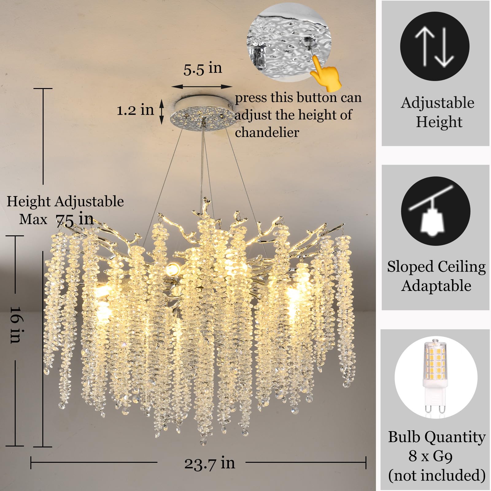 Upfelw Crystal Tree Branch Chandelier, 8 Lights, Polished Chrome, D 23.7in , Aluminum, Silver, Model UBC-S60-0428