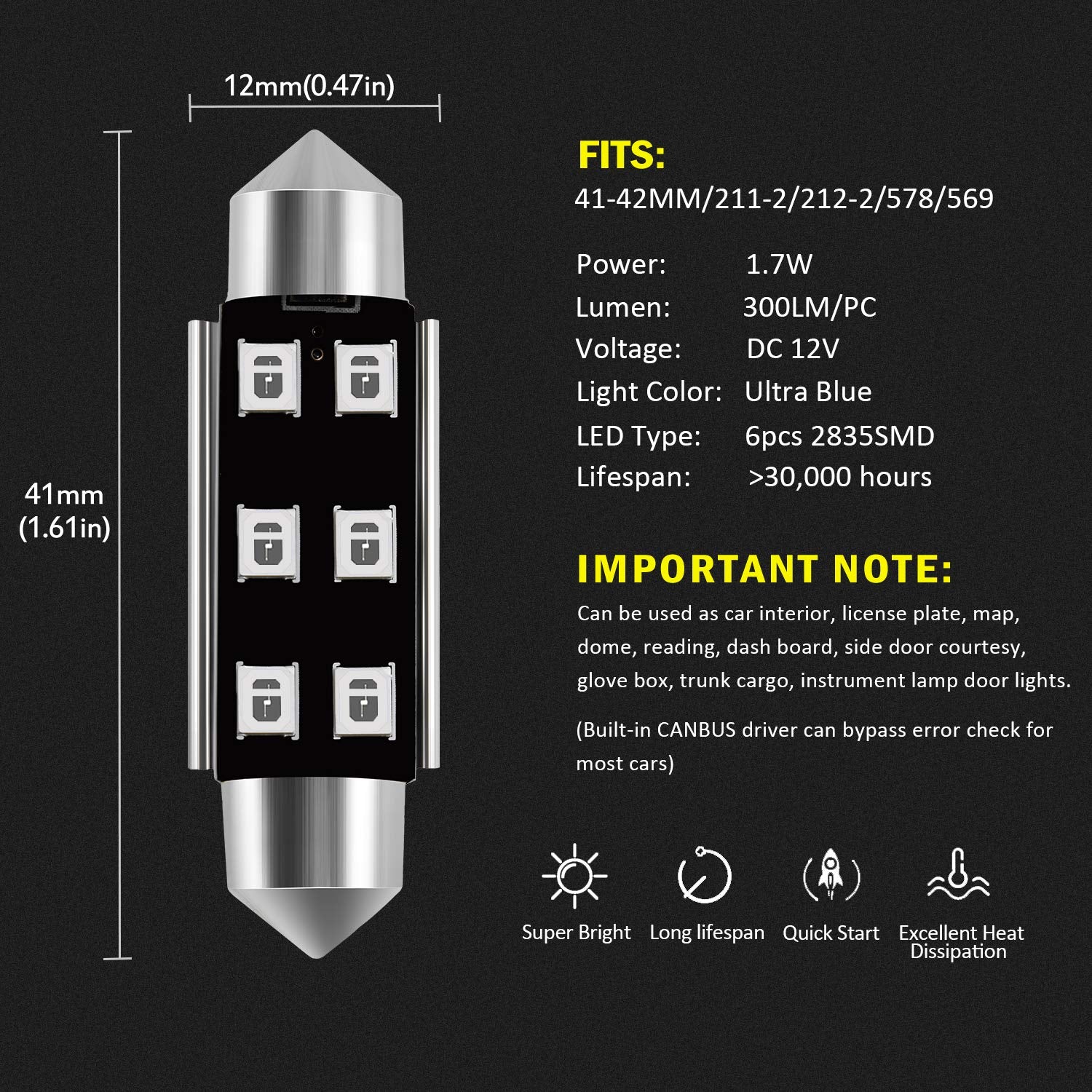AUXLIGHT LED Interior Light Bulbs, 6SMD, Ultra Blue, 41MM, Canbus Error Free, Pack of 6