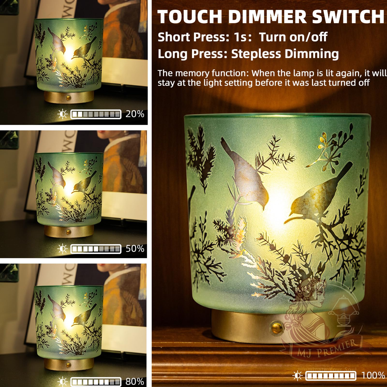 Mj Premier Cordless Rechargeable Glass Table Lamp - Touch Control Dimmable Portable Accent Light