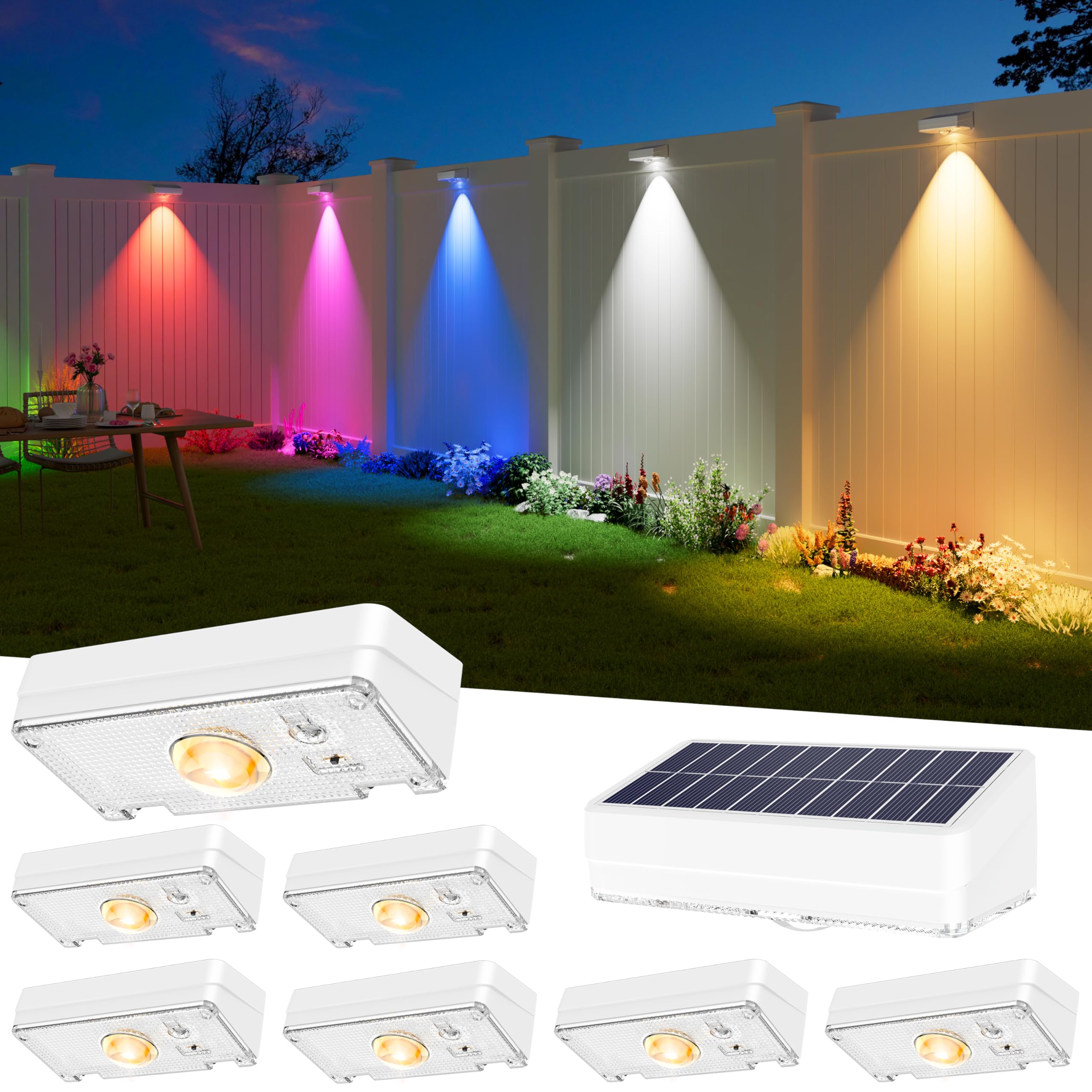 JOFIOS Solar Fence Lights Outdoor  8 Pack  50LM Ultra Bright  3 Color Temperatures & RGB  IP65 Waterproof  Dusk-to-Dawn Solar Powered Fence Lights for Patio  Railing (White)