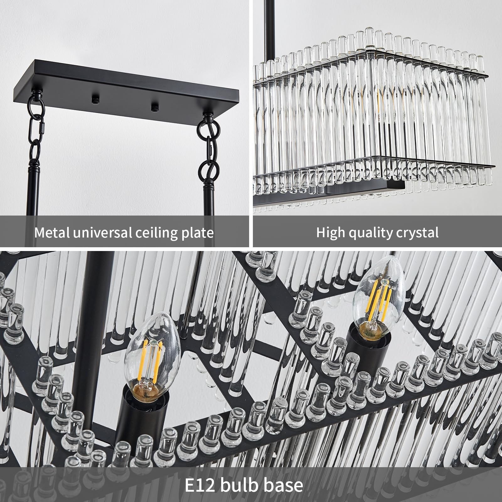 Lanhall 5-Light Modern Crystal Chandelier Luxury Black Dining Room Light Fixture Over Table Rectangle Farmhouse Hanging Pendant