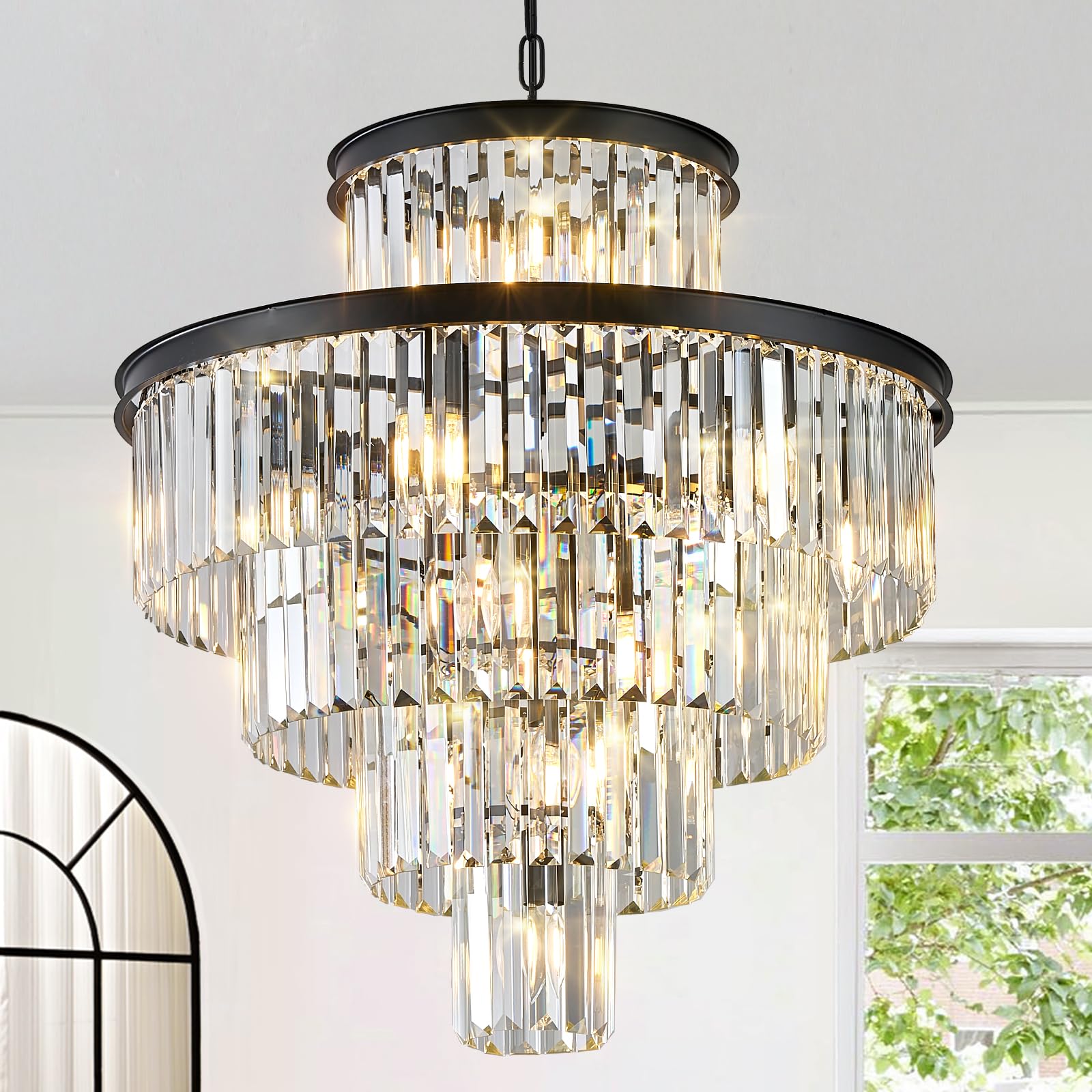 CATINER 24'' Modern Crystal Chandelier 15 Lights Black Pendant Light Fixture Luxury 5-Tier K9 Crystals Chandelier Contemporary R