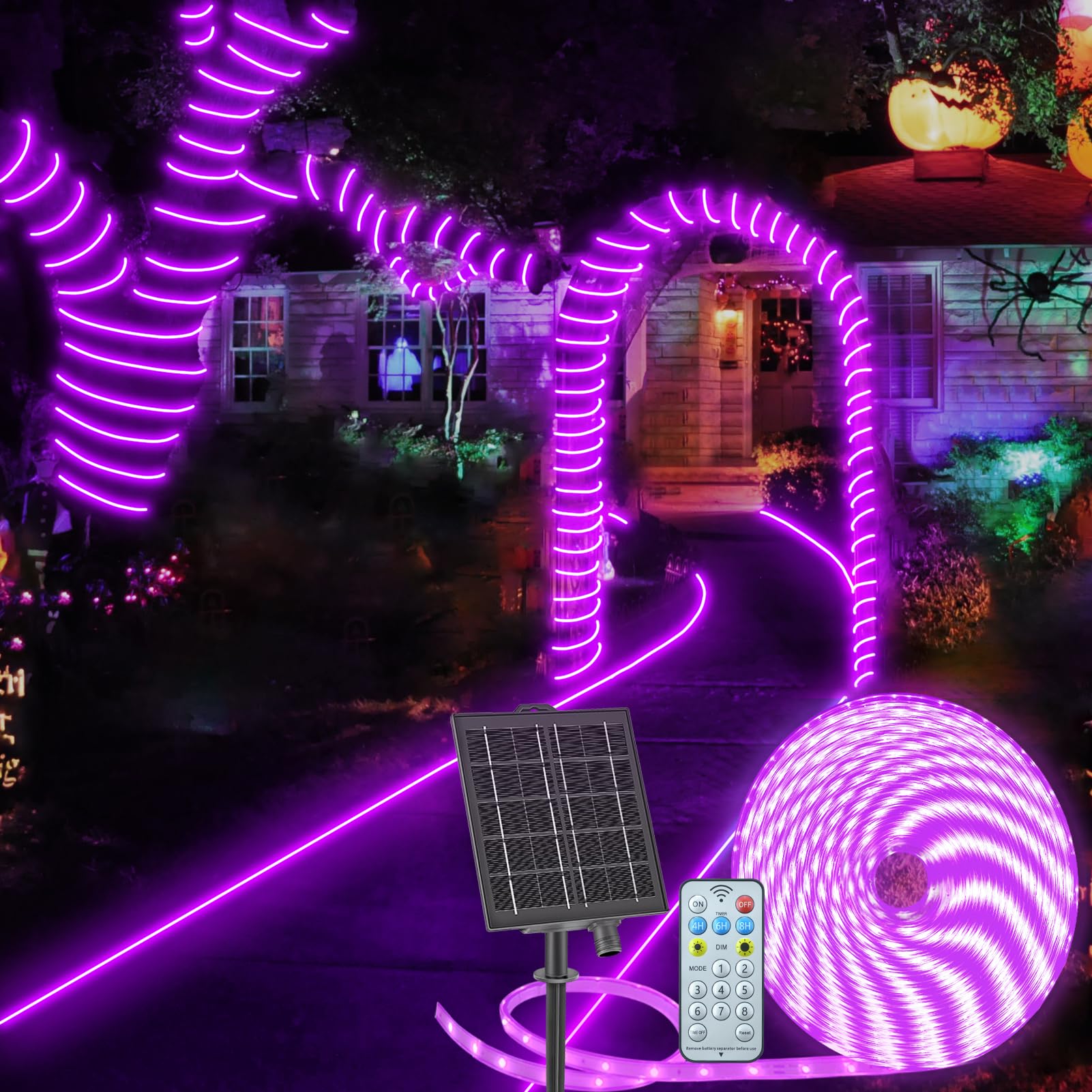 Solar Purple Lights Outdoor, 33ft Purple Solar Strip Lights with Timer Remote Auto ON/Off Self-Adhesive Halloween Rope Lights for Fence Yard Landscape Pathway Christmas Garden Decor