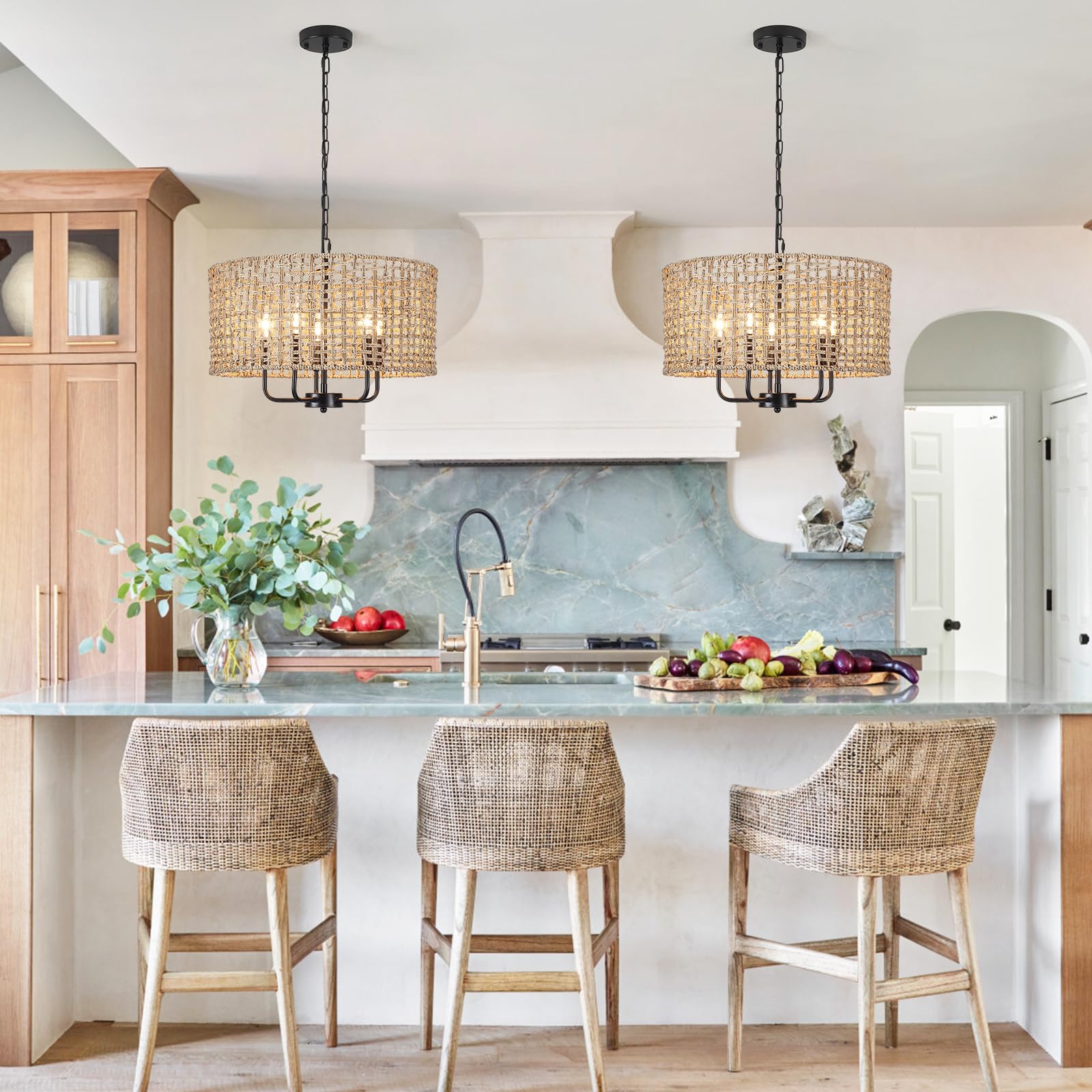 Mrhyswd 18.9 Hand-Woven Rattan Chandelier 5 Lights Farmhouse Boho Chandeliers For Dining Room Light Fixture Drum Wicker Hanging Pendant Lighting For Living Room Kitchen Island Foyer Hallway  E12