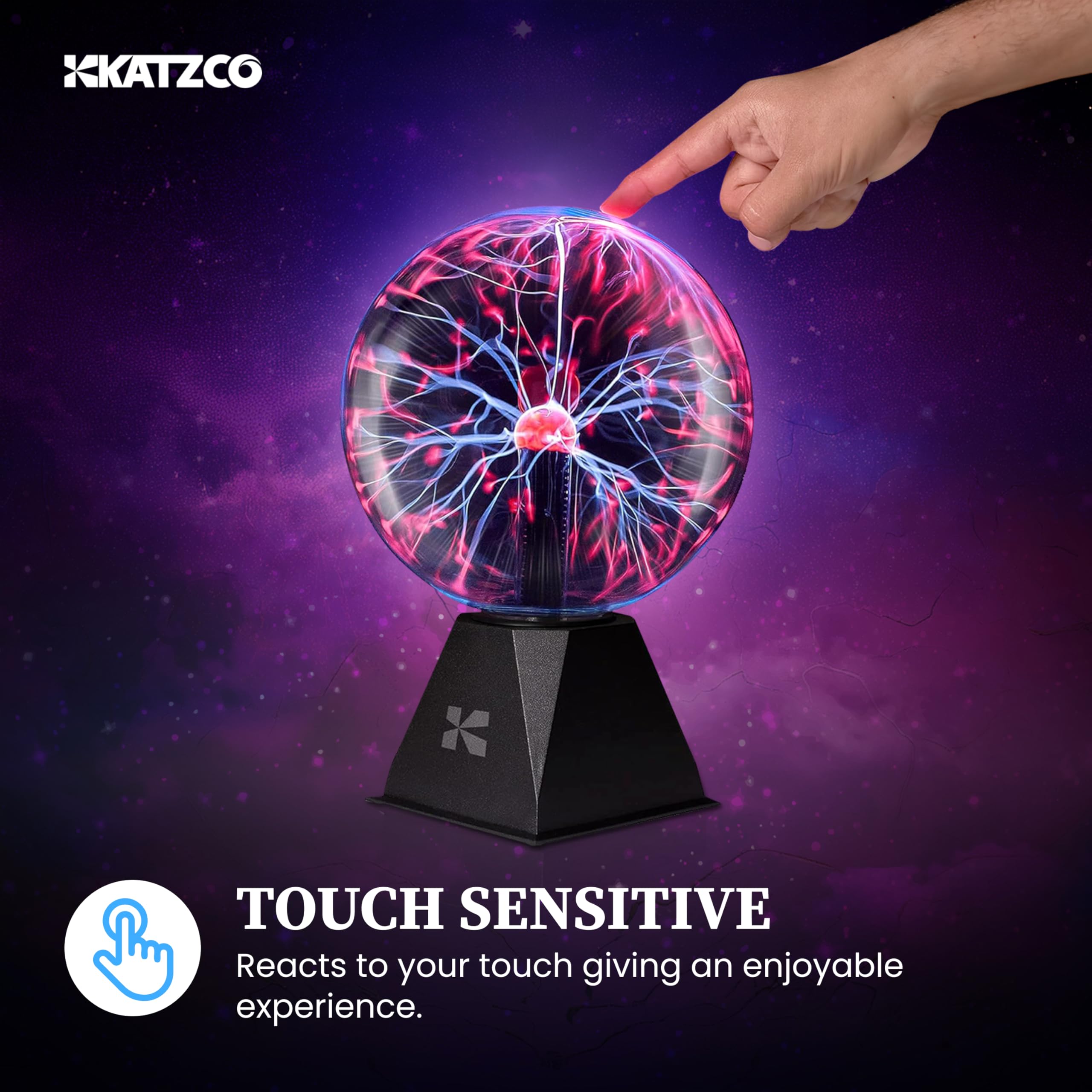 Katzco 7.5-Inch Orange Interactive Plasma Ball - Nebula Sphere, Thunder Lightning, Plug-in - Touch and Sound Sensitive Plasma Gl