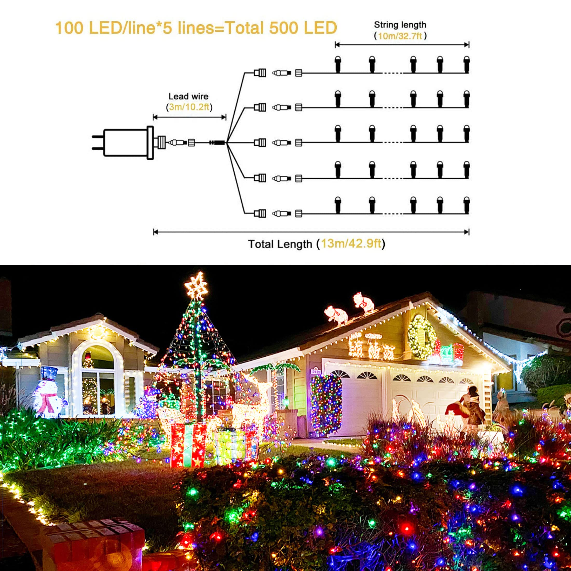 Jmexsuss 500 Led Christmas Lights Outdoor Waterproof, Multicolor Christmas Tree Lights Plug In, 8 Modes Twinkle Fairy String Lig